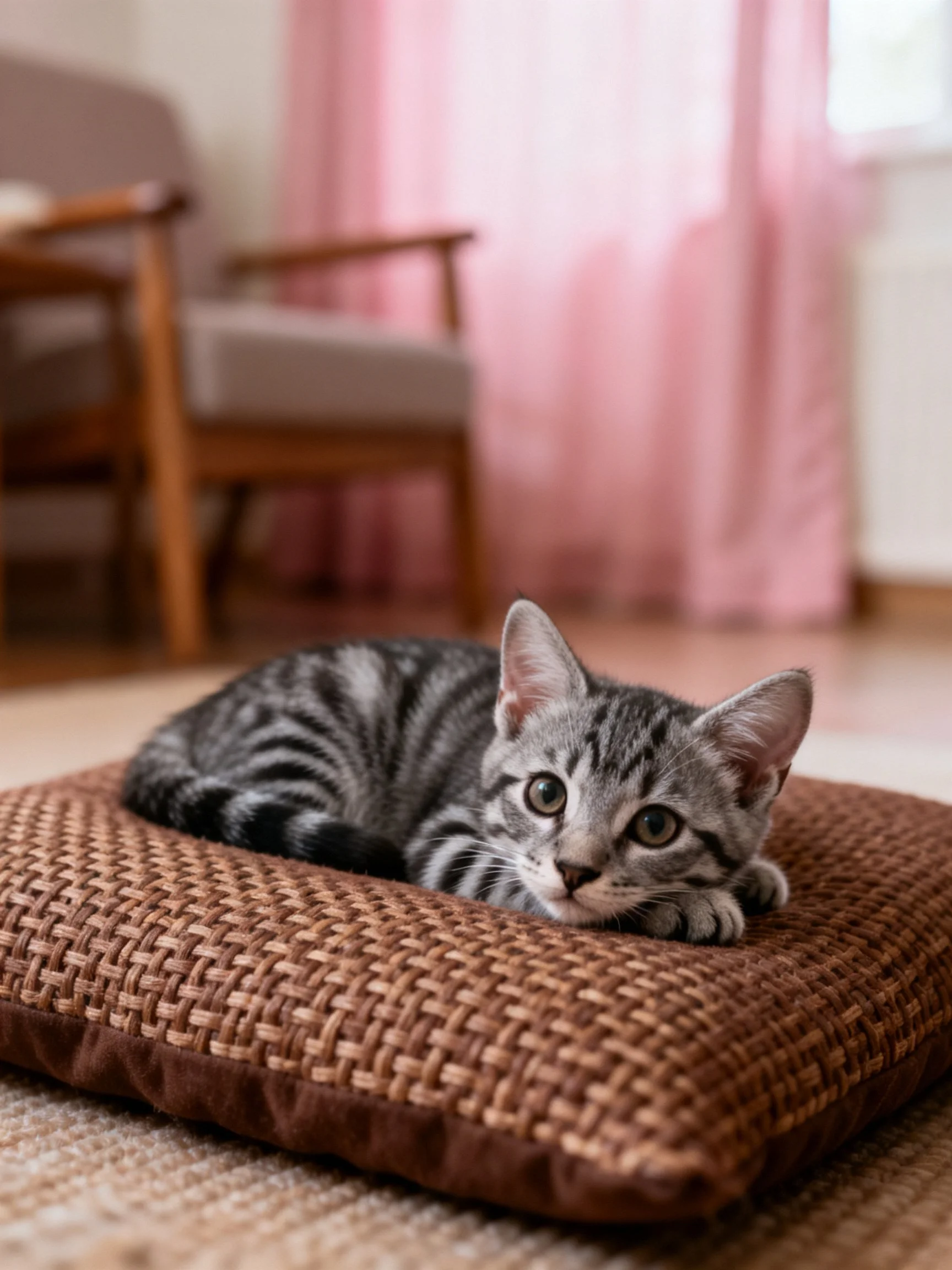 A gray tabby kitten lounges on a brown cushion near pink curtains in a cozy room.