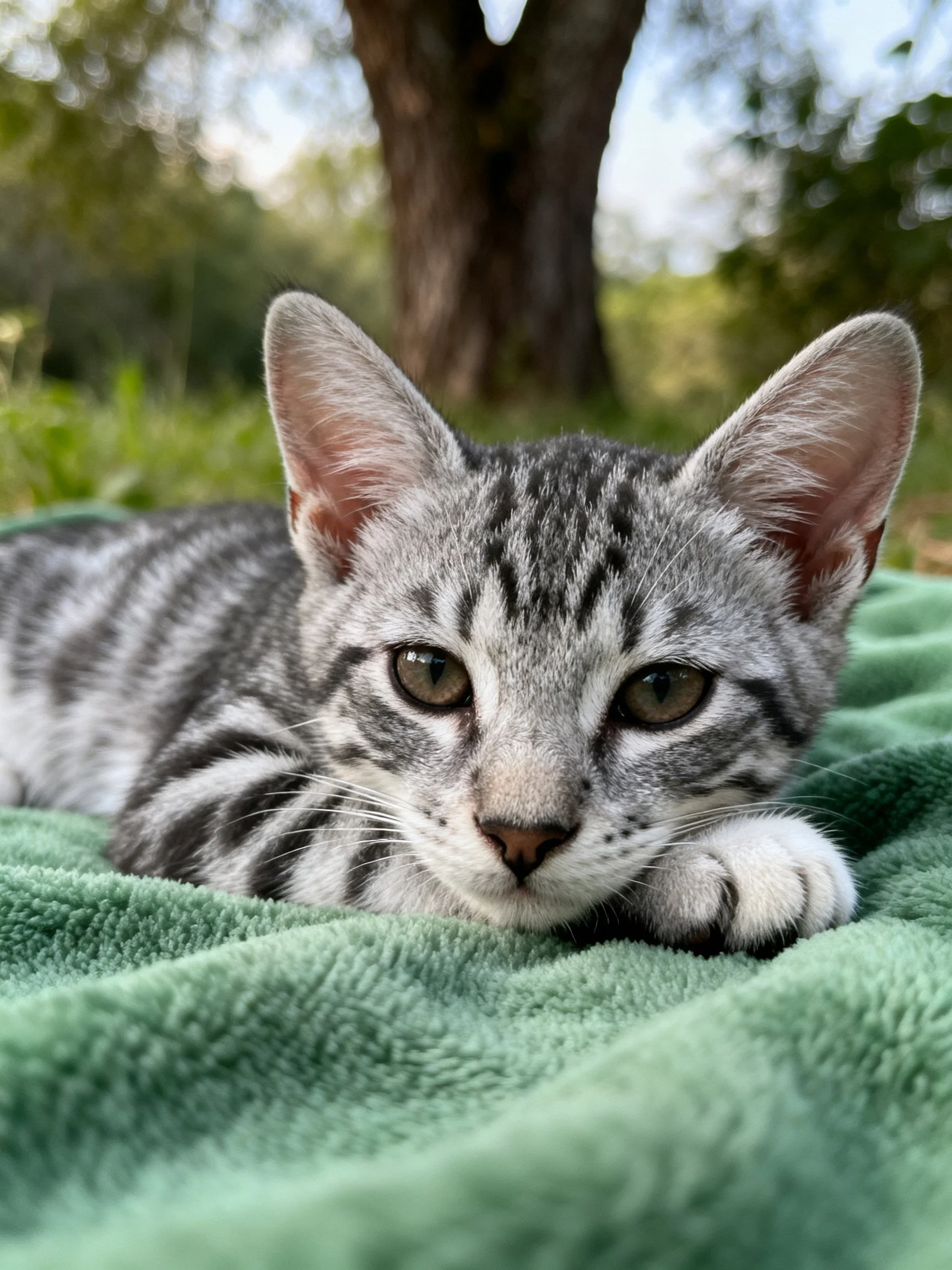 A gray tabby kitten relaxes on a green towel in an outdoor setting.