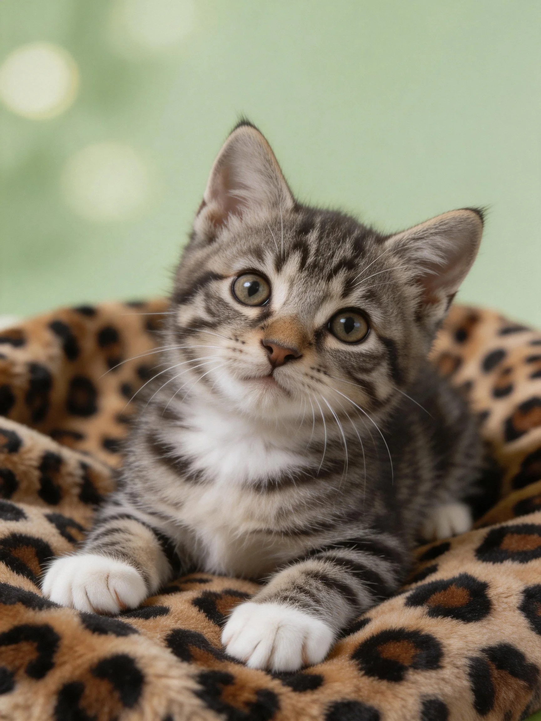 A gray tabby kitten rests on a leopard - print blanket against a soft green backdrop