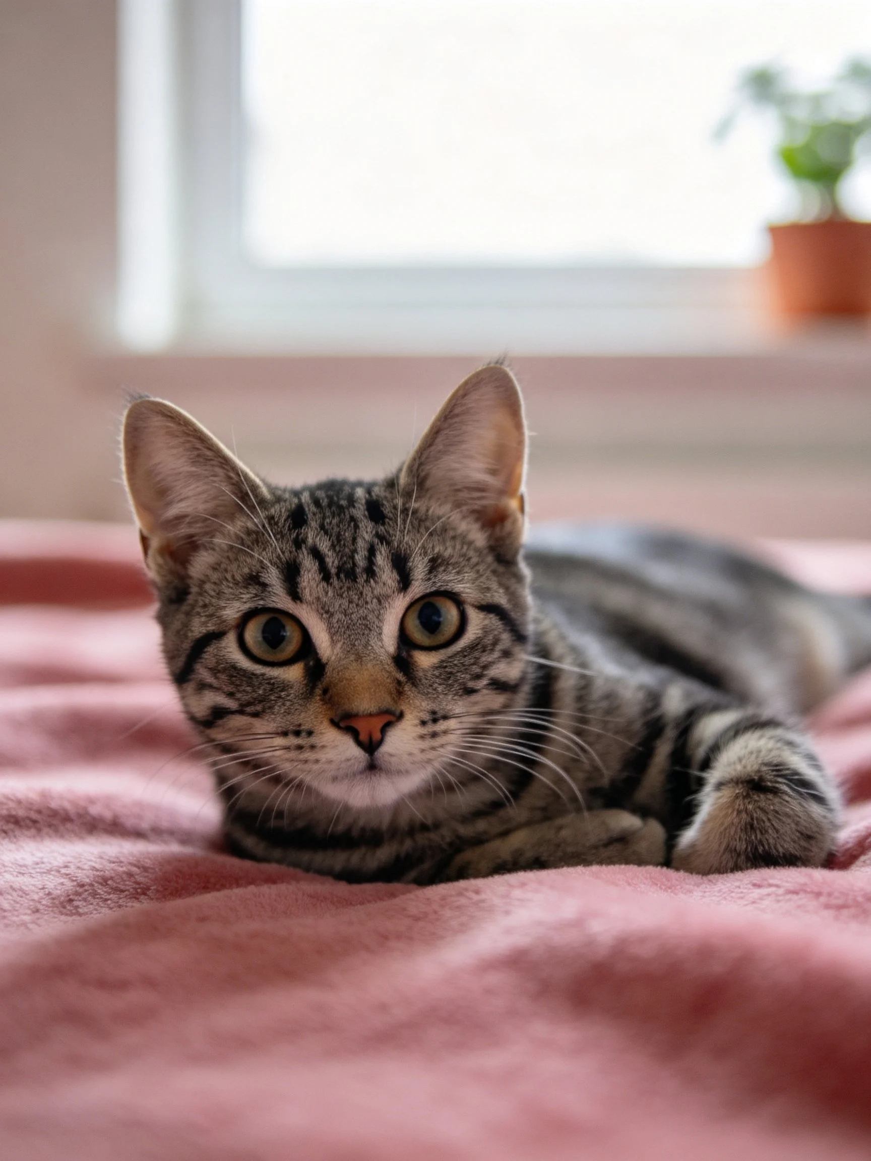 A gray tabby kitten rests on a pink blanket by a bright window