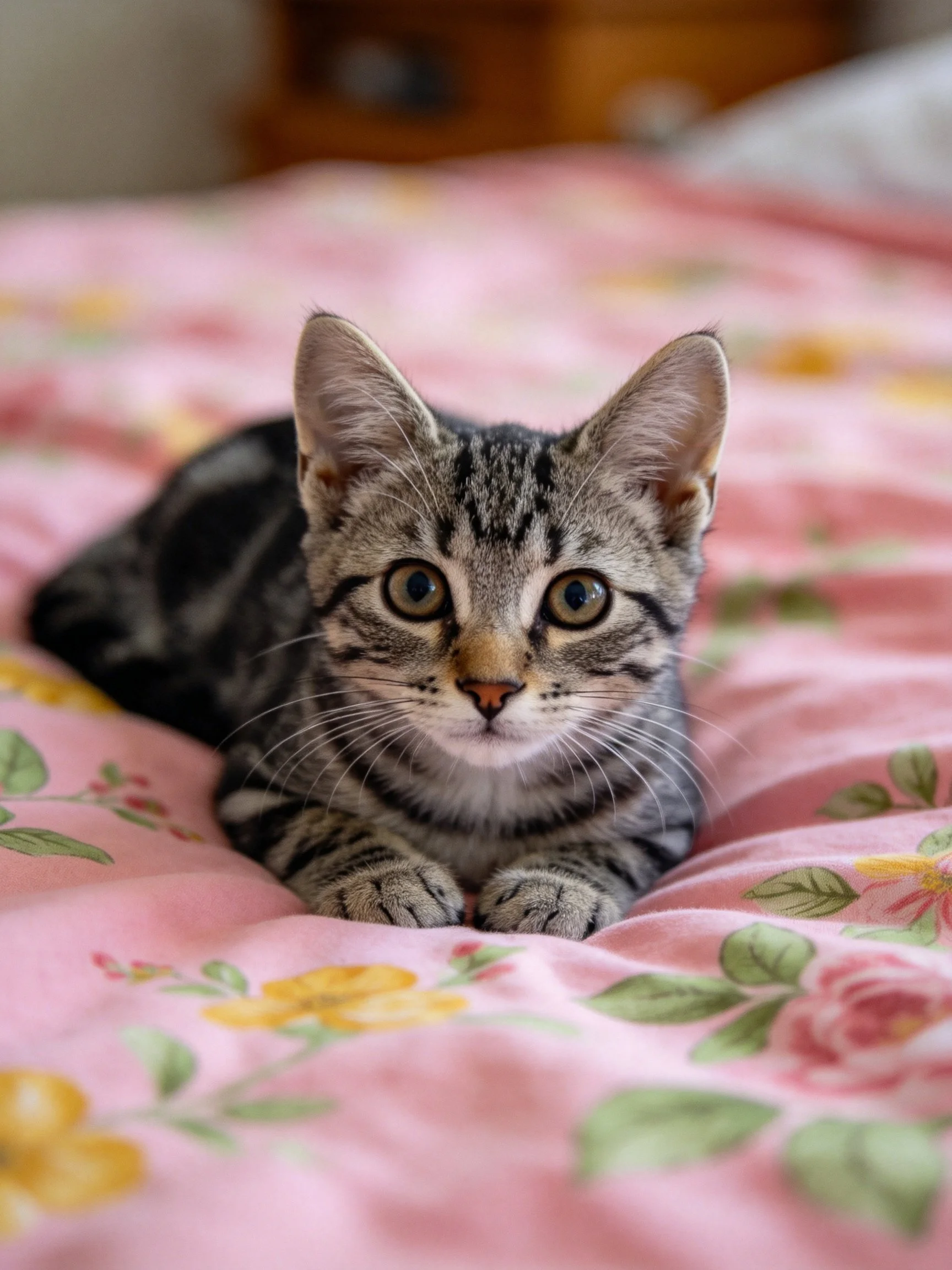 A gray tabby kitten sits calmly on a pink floral bedspread.