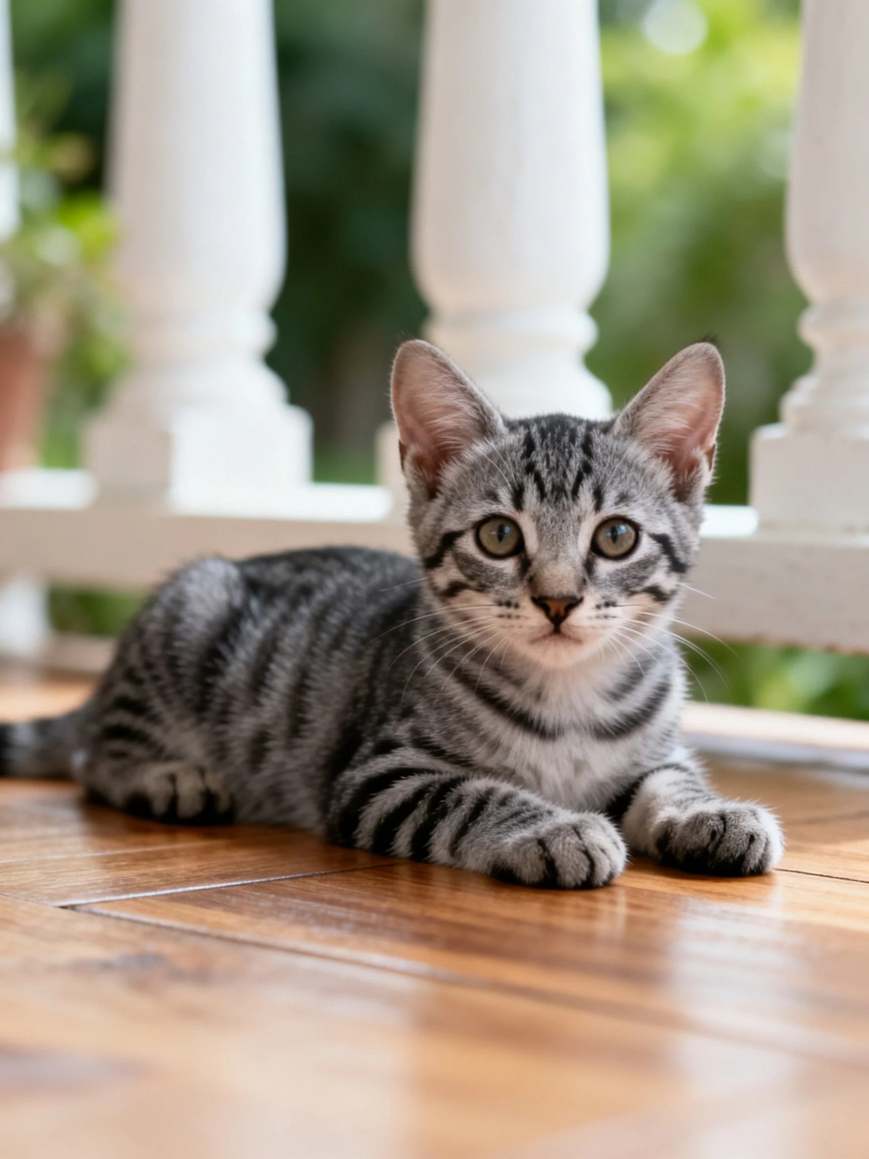 A gray tabby kitten rests on a polished wooden floor near white railings