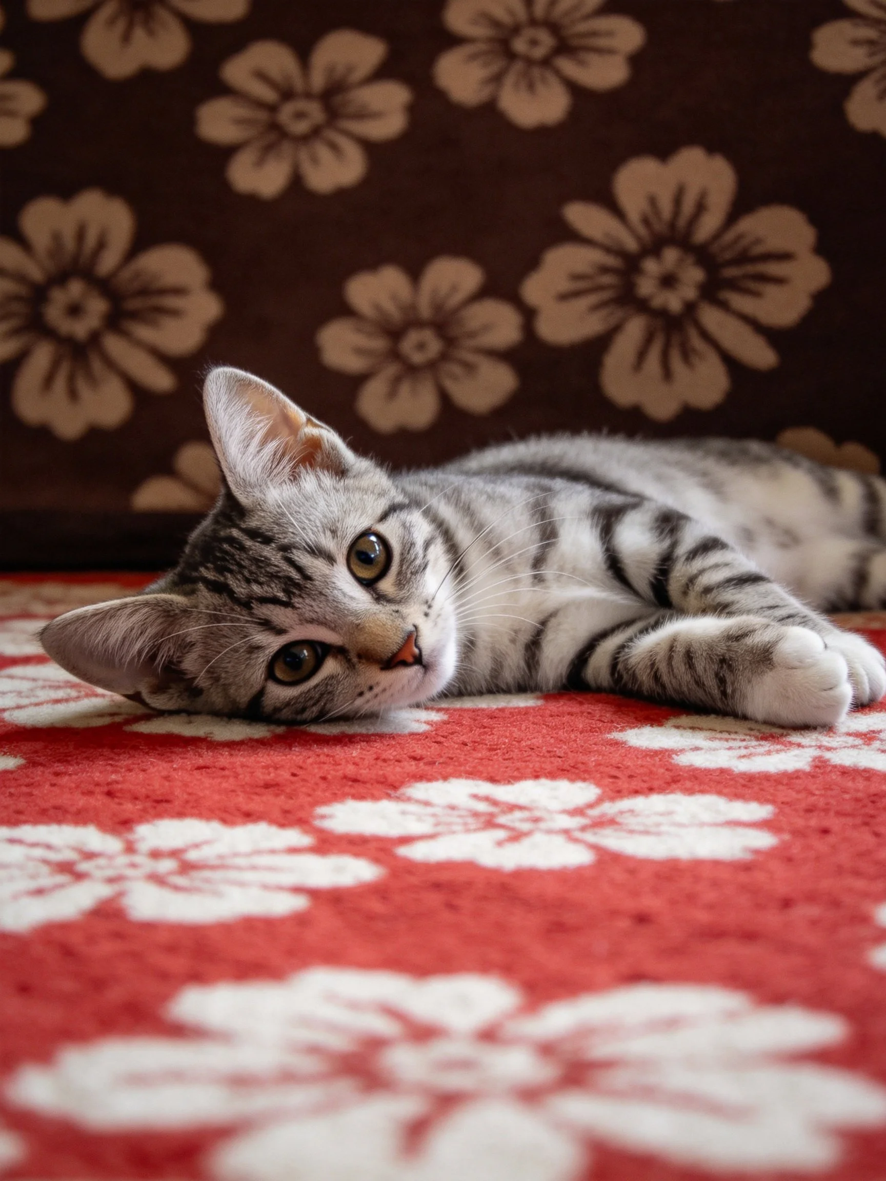 A gray tabby kitten lies on a red floral rug with a flowered couch backdrop.