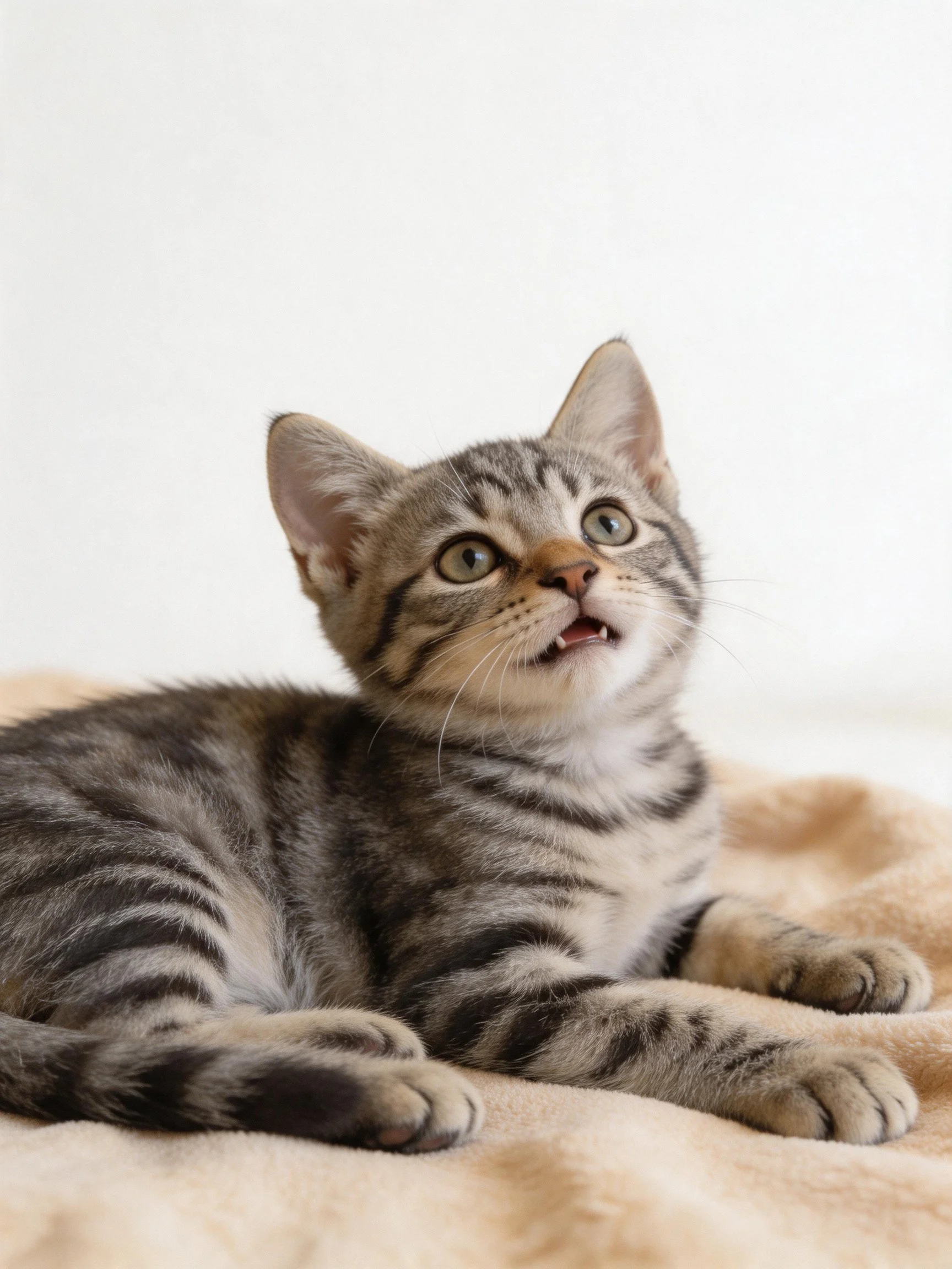 A gray tabby kitten lies comfortably on a beige blanket with wide eyes.