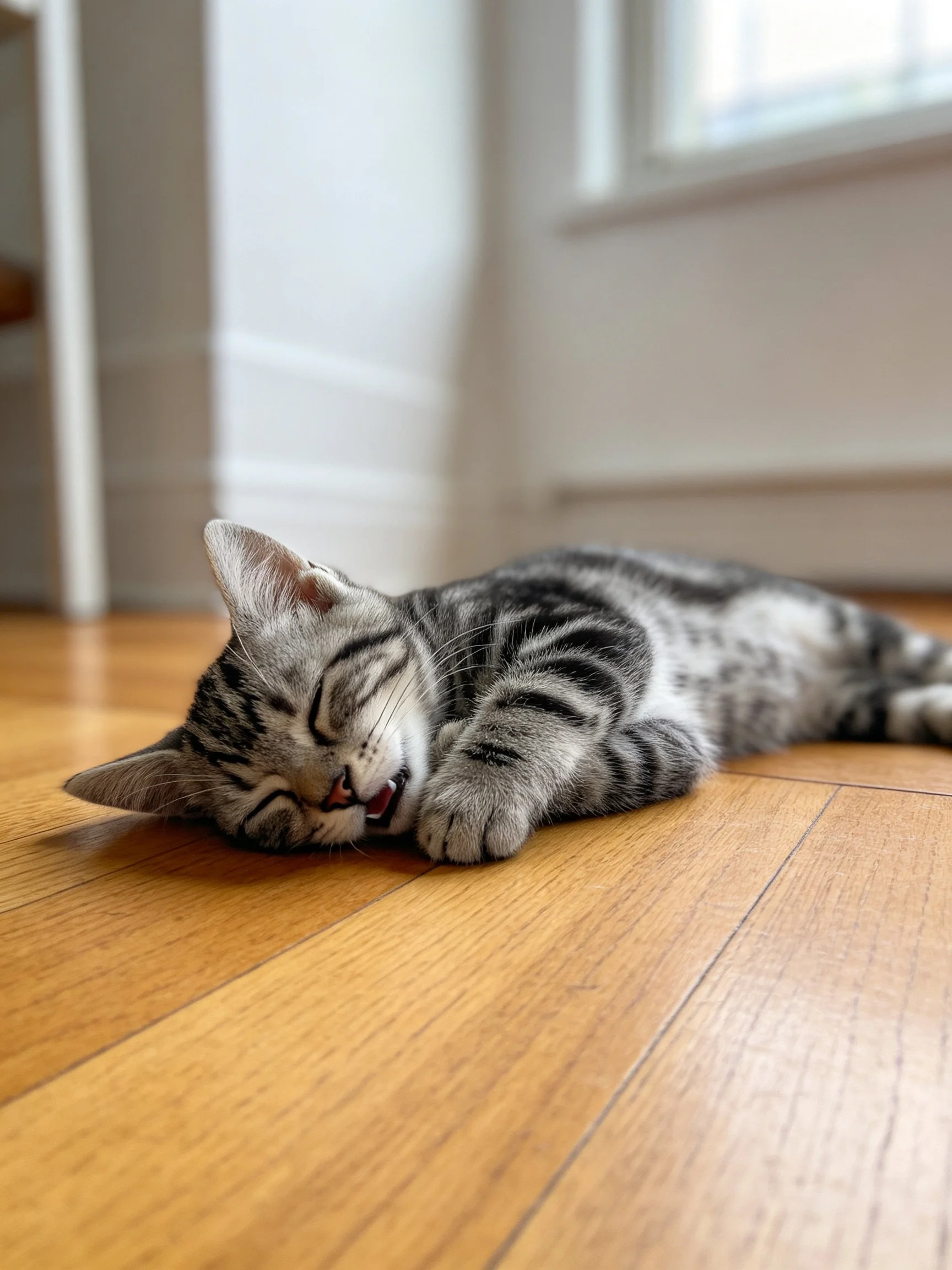A gray tabby kitten rests on polished wooden flooring