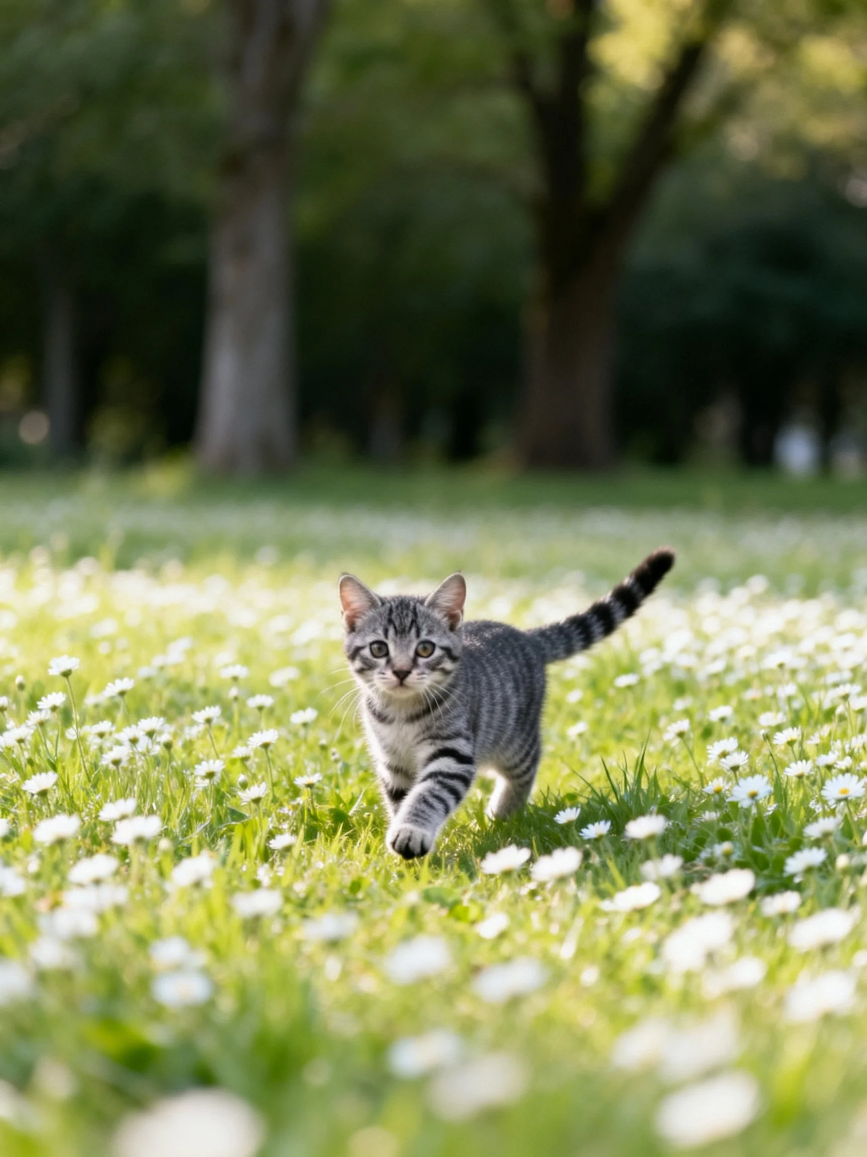 A gray tabby kitten running through a flower-filled meadow near tall trees