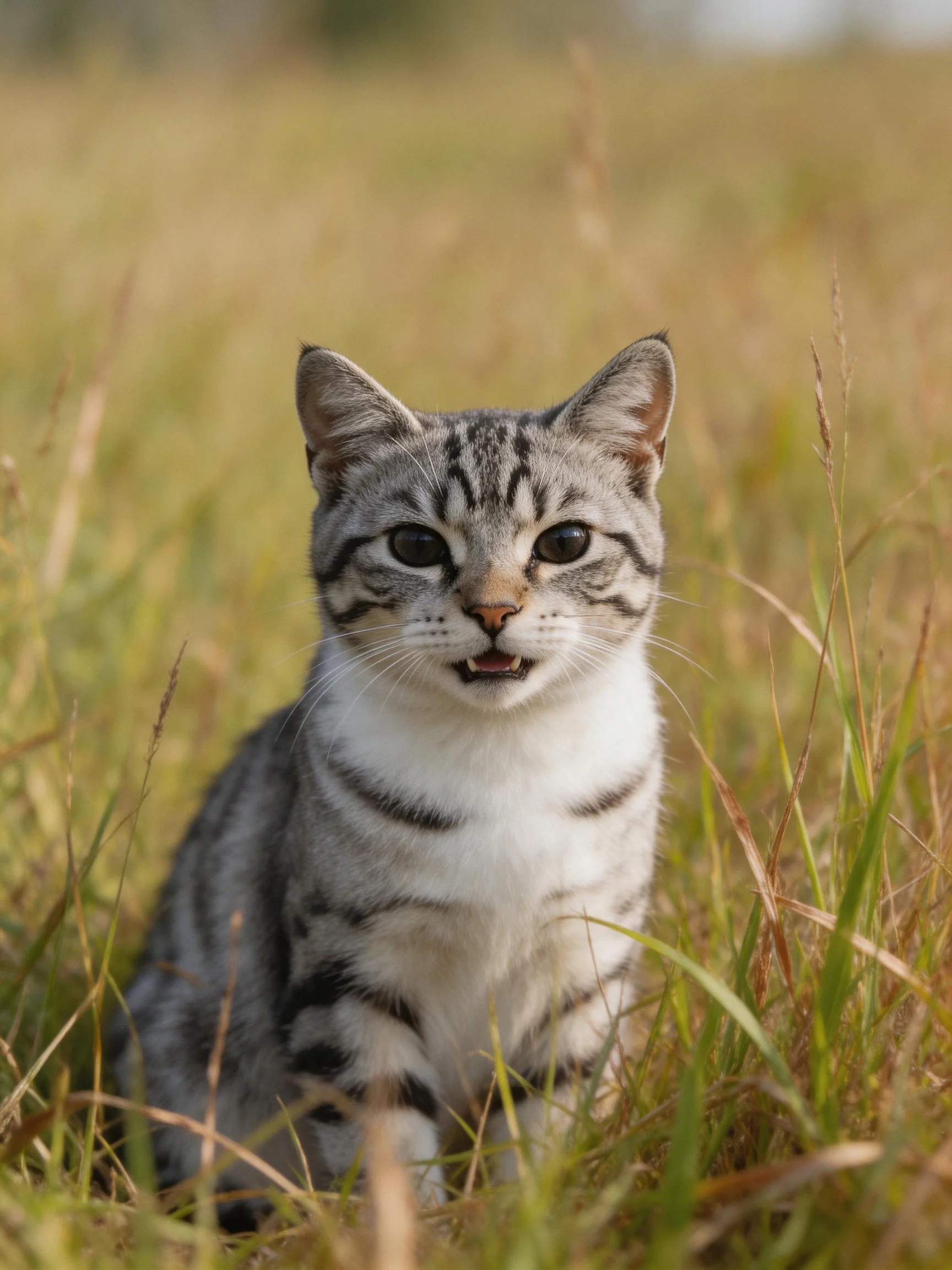 A gray tabby kitten sits among tall grass in an outdoor setting