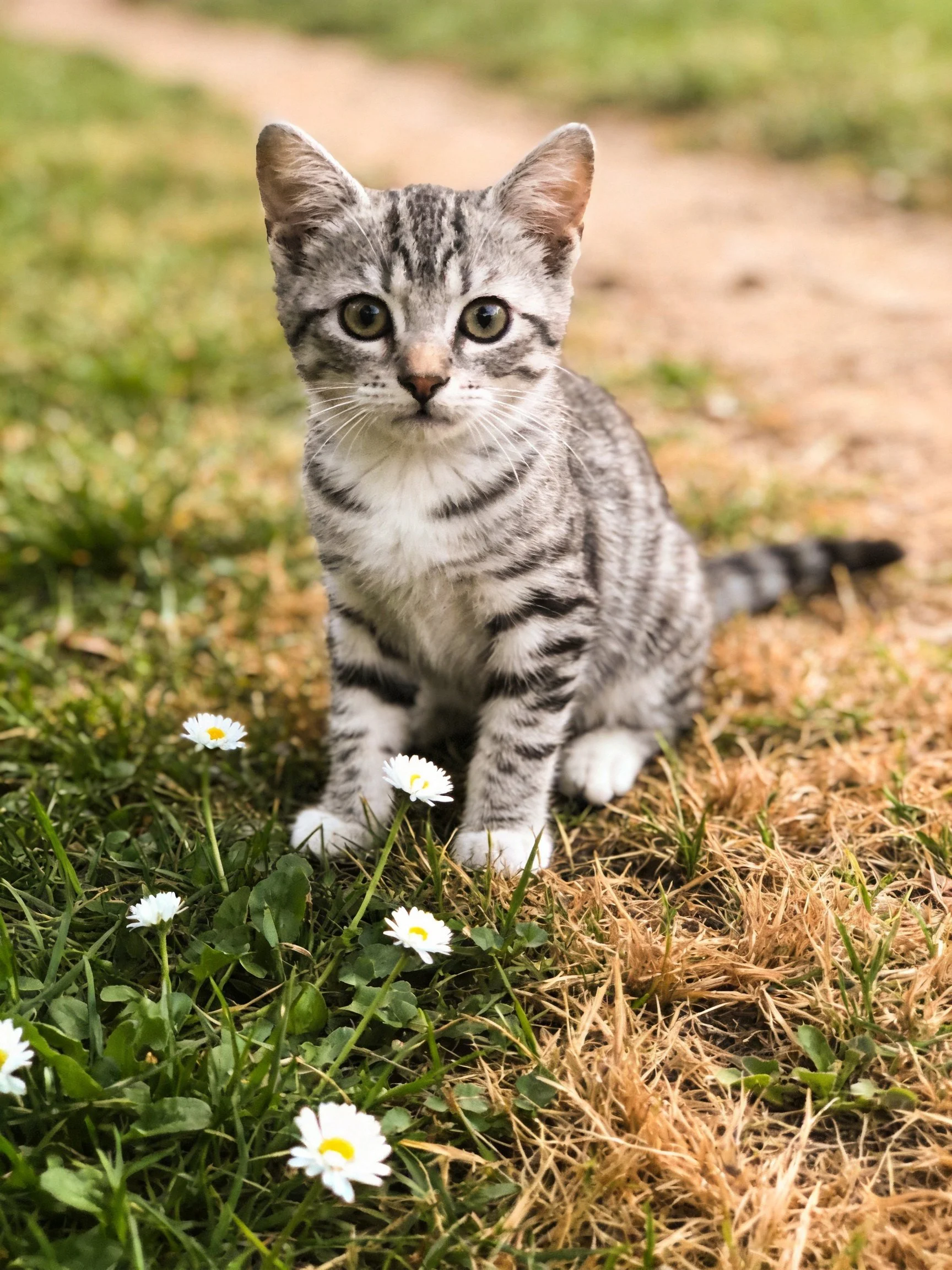 A gray tabby kitten sits among white daisies in a grassy outdoor setting.