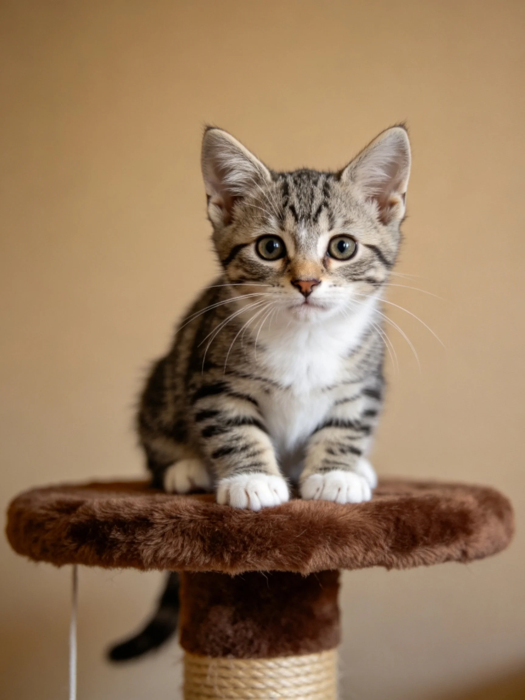 A gray tabby kitten rests on a brown cat tree platform indoors