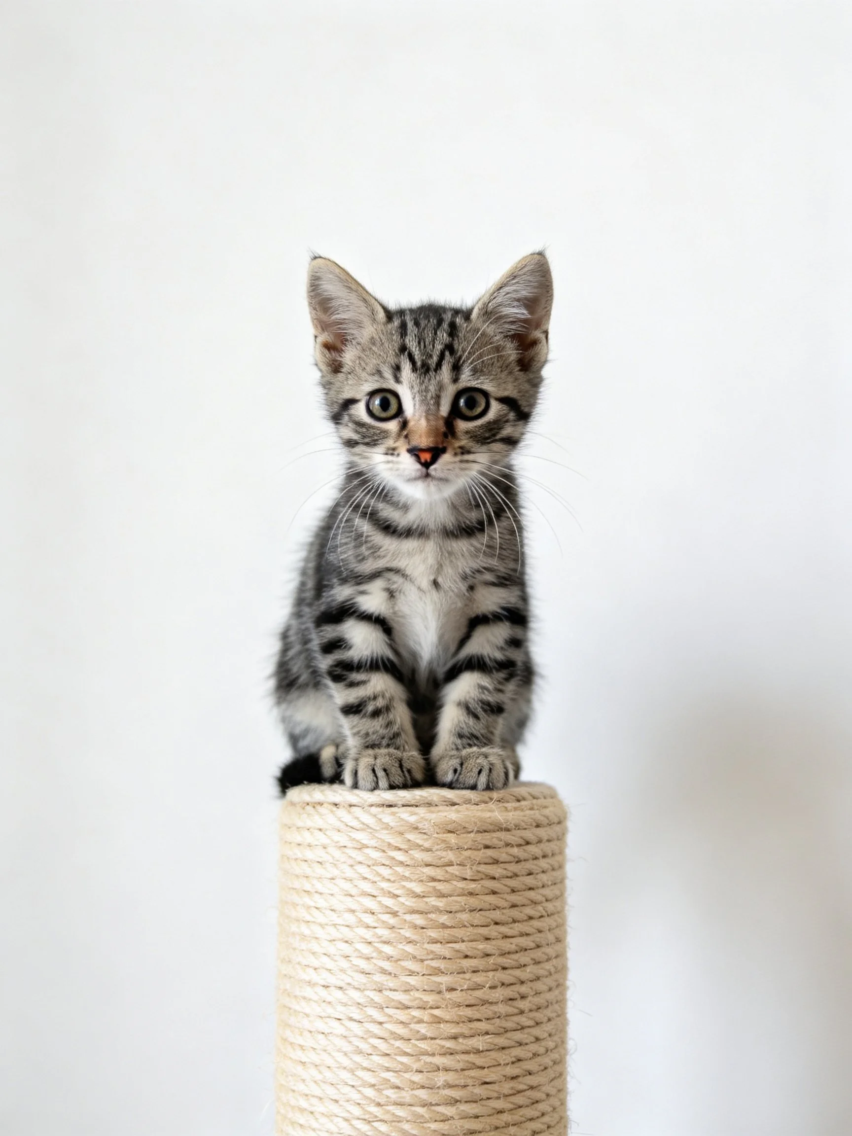 A gray tabby kitten sits on a rope scratching post