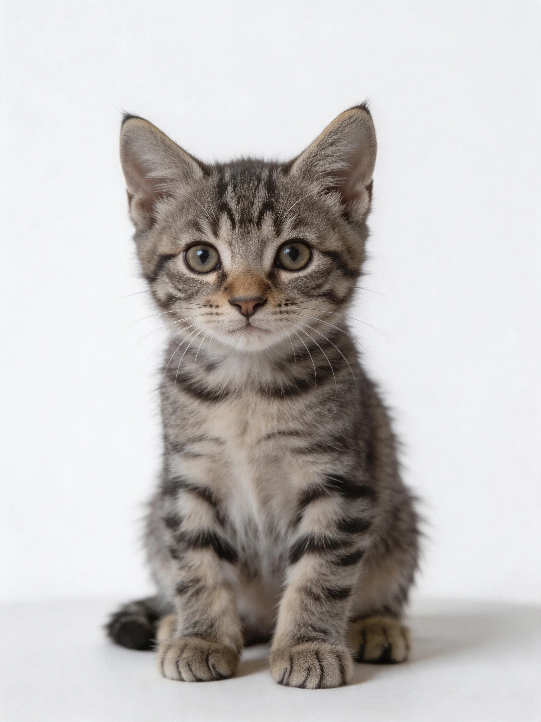 A gray tabby kitten sits attentively on a plain white surface