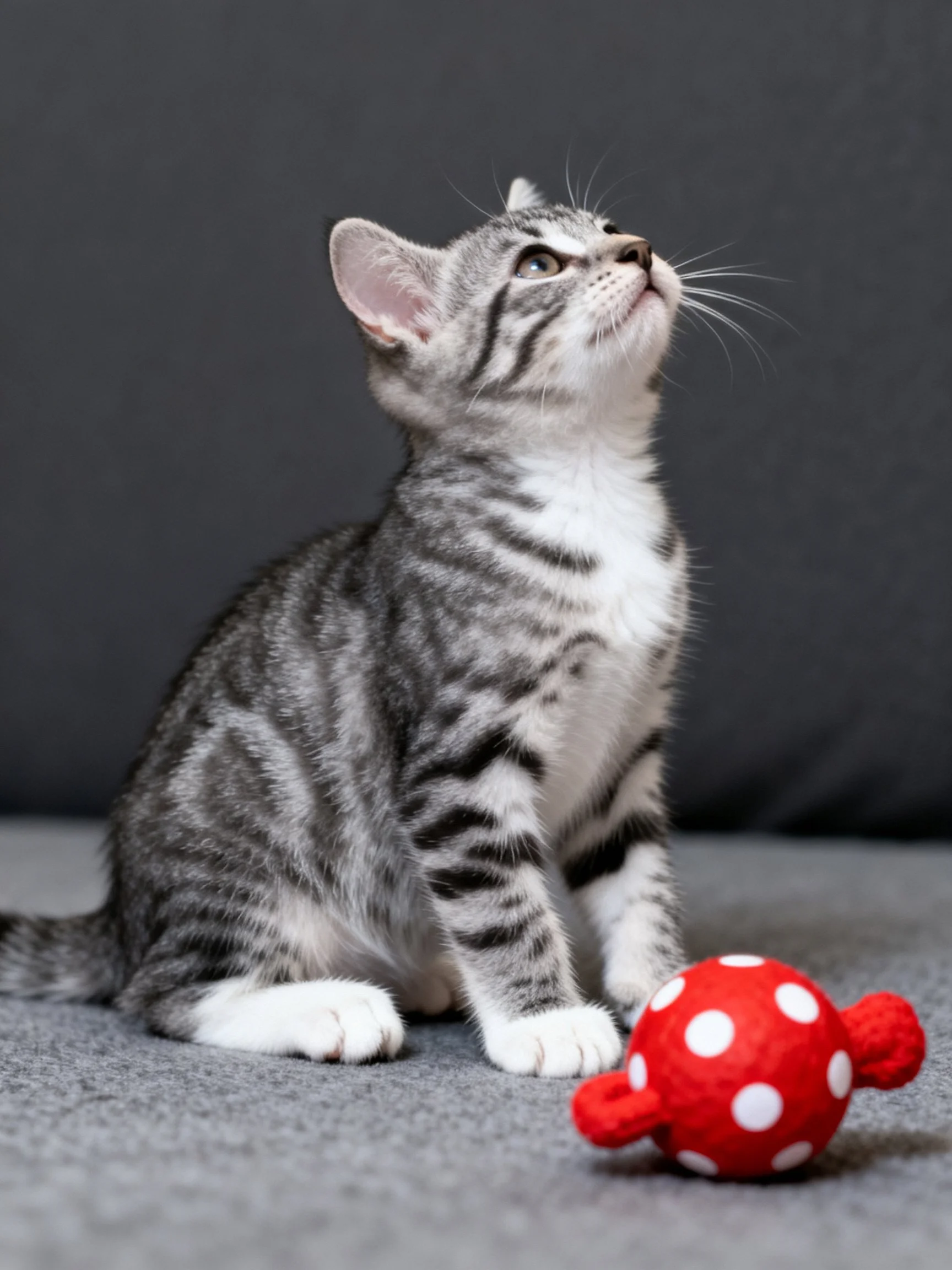 A gray tabby kitten gazes upward near a red polka-dot toy.