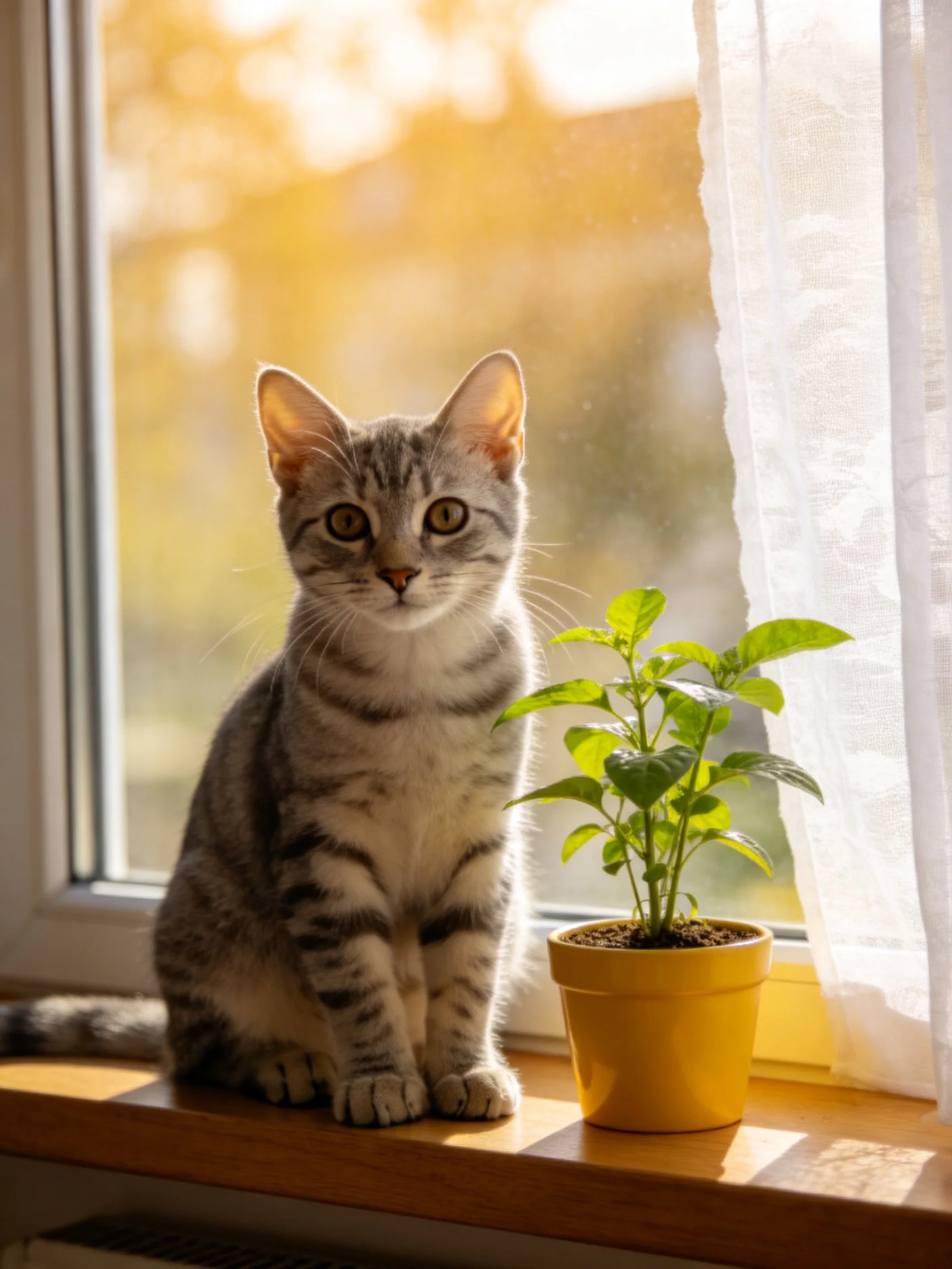 A gray tabby kitten sits beside a yellow potted plant on a sunlit windowsill