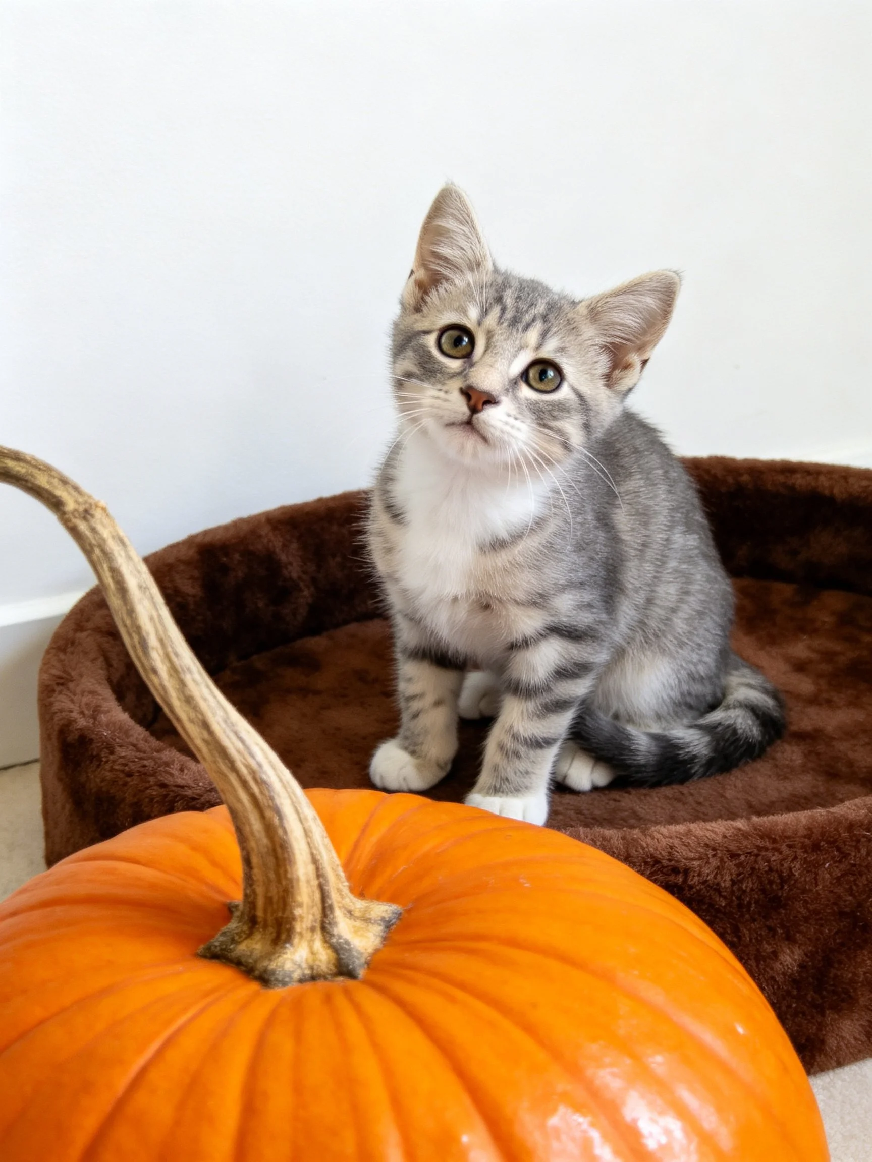 A gray tabby kitten sits near an orange pumpkin in a cozy brown bed.