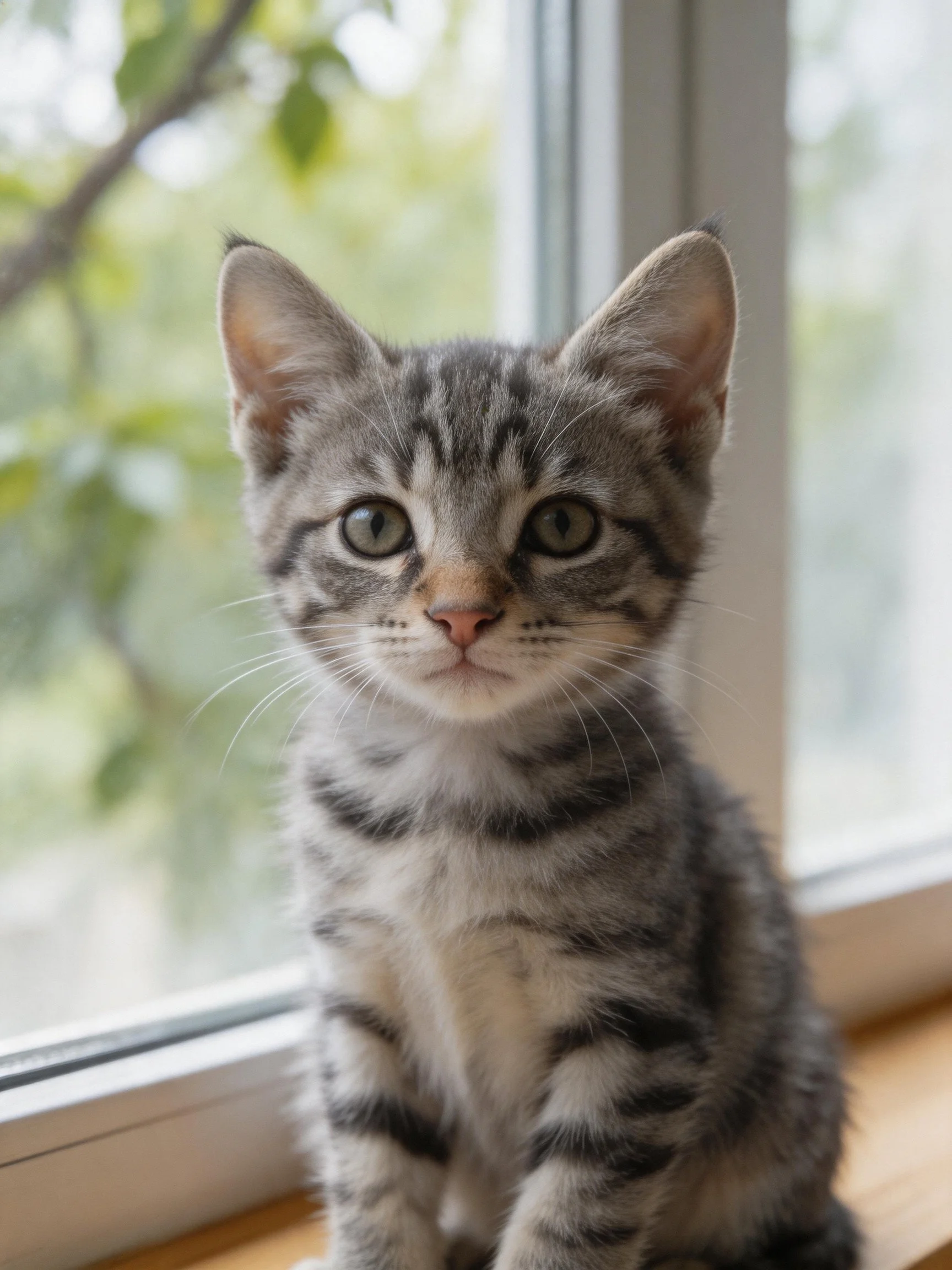 A gray tabby kitten sits calmly by a bright window with outdoor greenery.