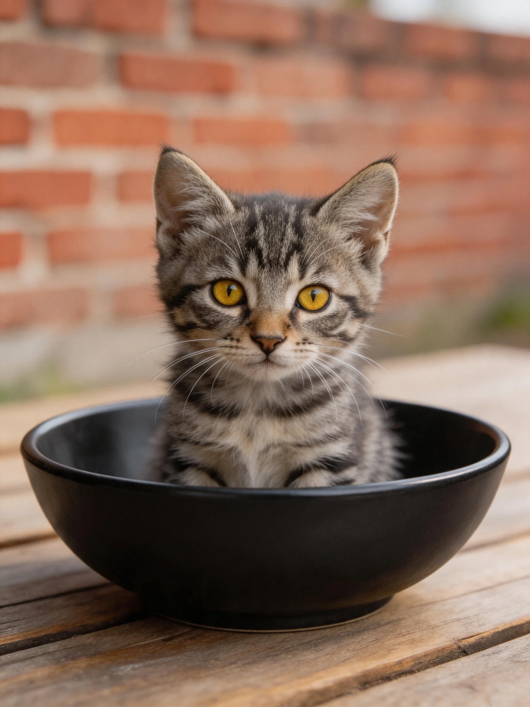 A gray tabbykitten sits in a black bowl near a brick wall