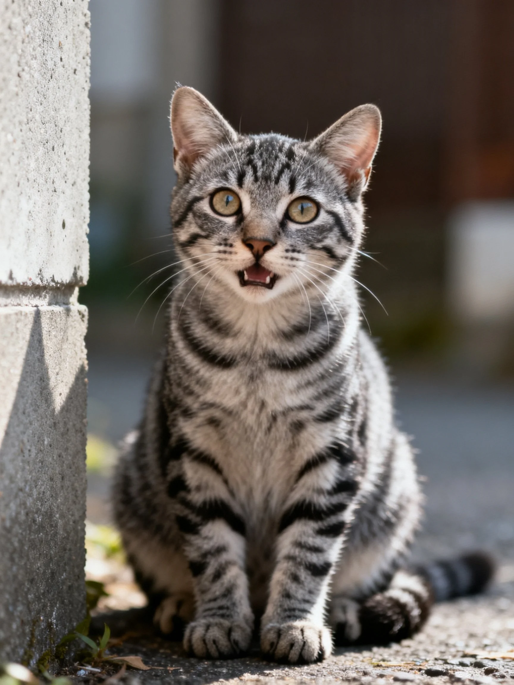 A gray tabby kitten sits calmly by a concrete structure outdoors.