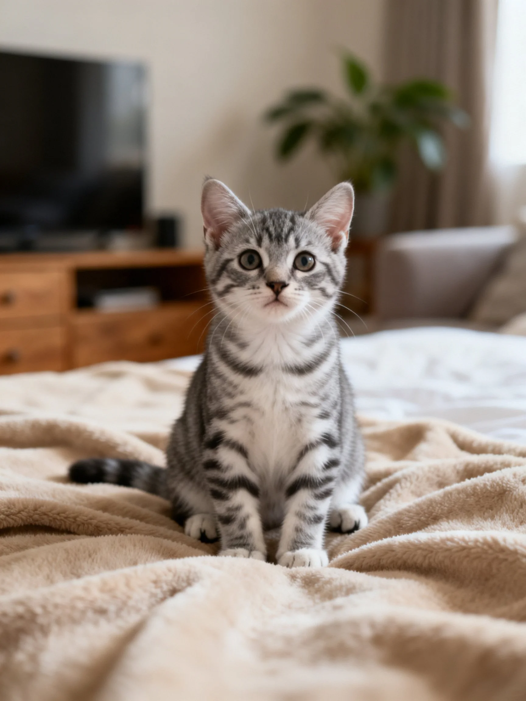 A gray tabby kitten sits on a beige bedspread in a cozy room