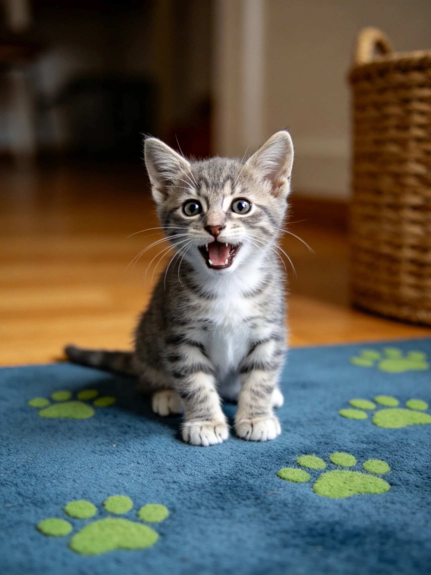 A gray tabby kitten sits on a blue paw-print rug near a wicker basket