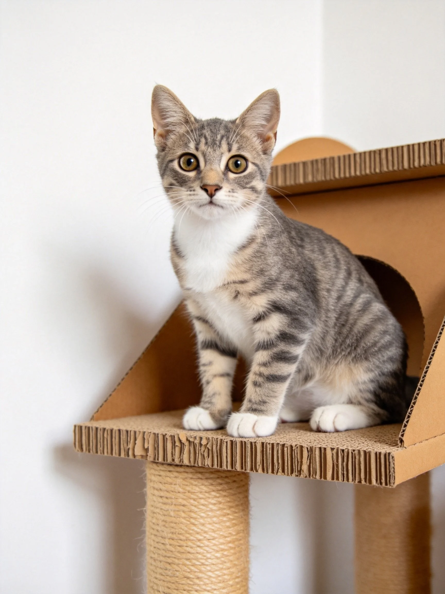 A gray tabby kitten sits on a cardboard cat structure
