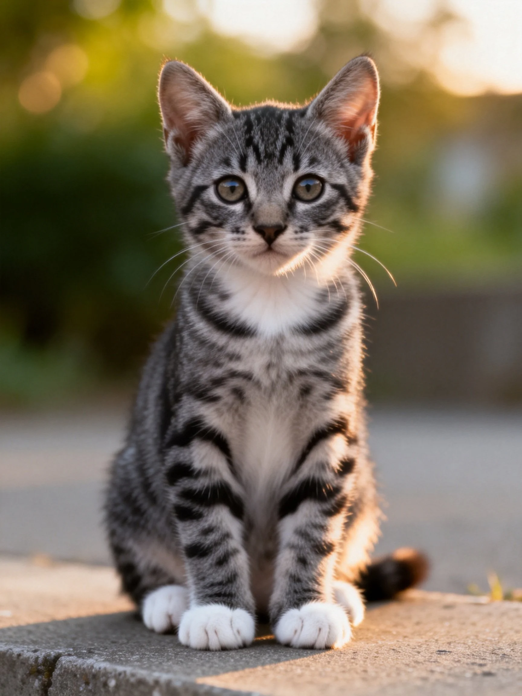 A gray tabby kitten sits on a concrete surface outdoors