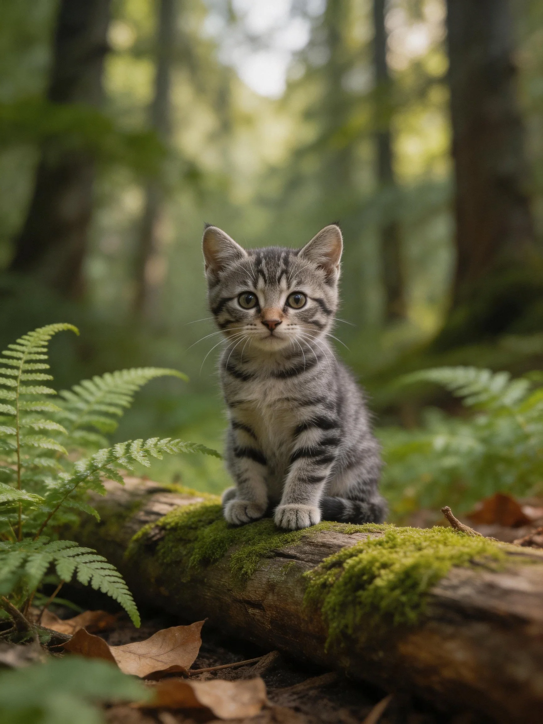 A gray tabby kitten sits on a moss-covered log in a lush forest