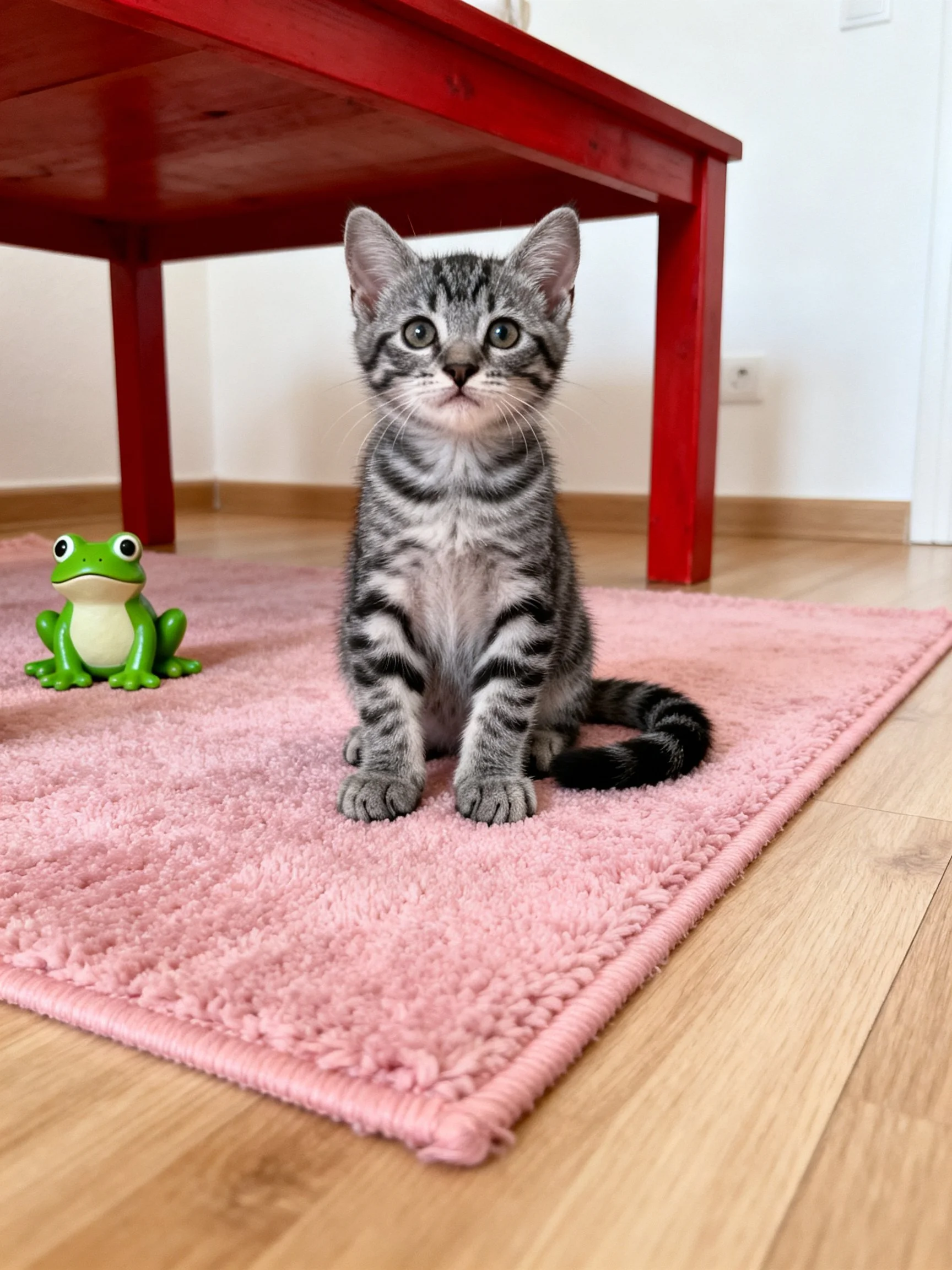 A gray tabby kitten sits on a pink rug beside a red table and green frog figurine.