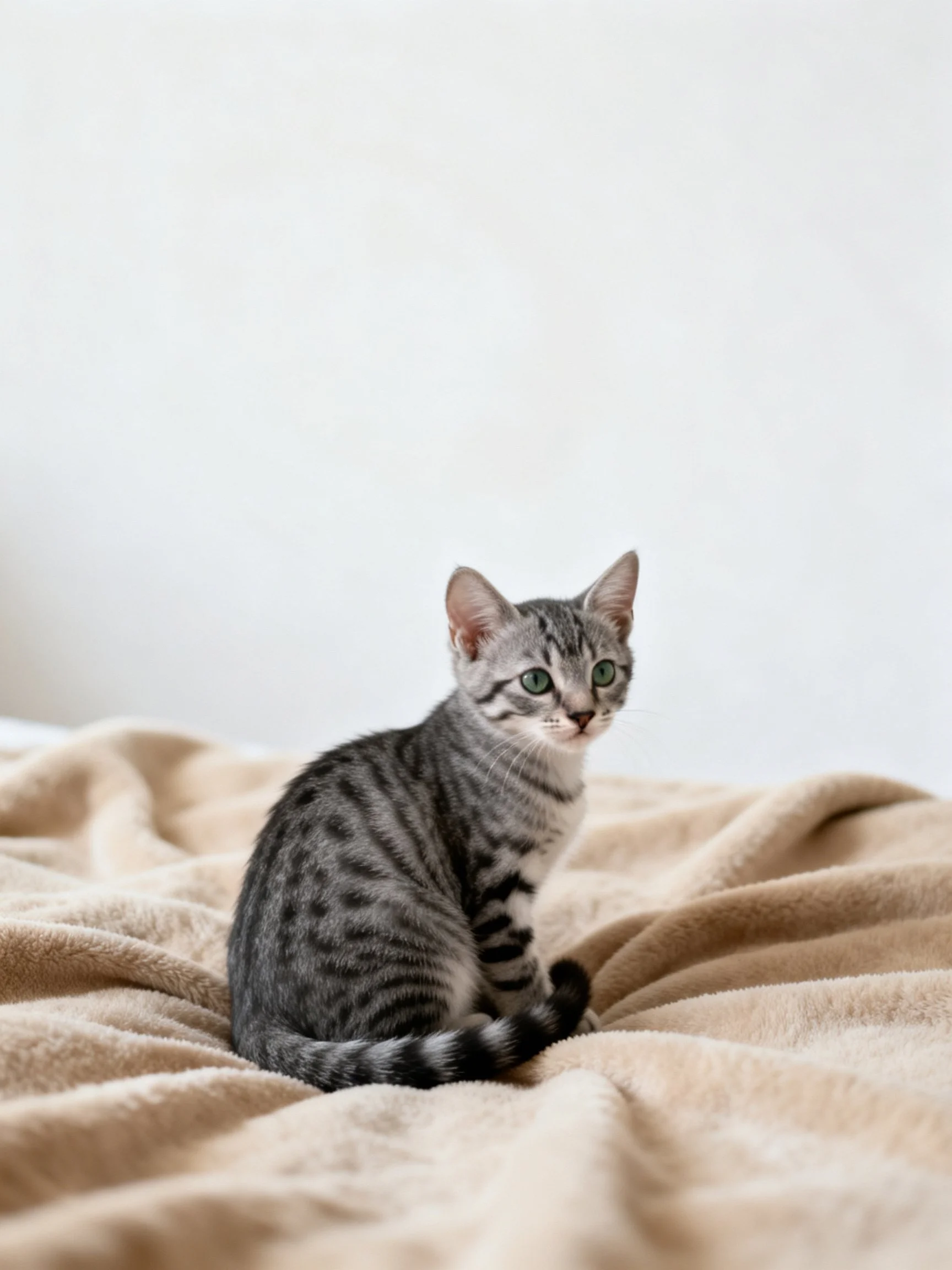 A gray tabby kitten sits on a plush beige blanket