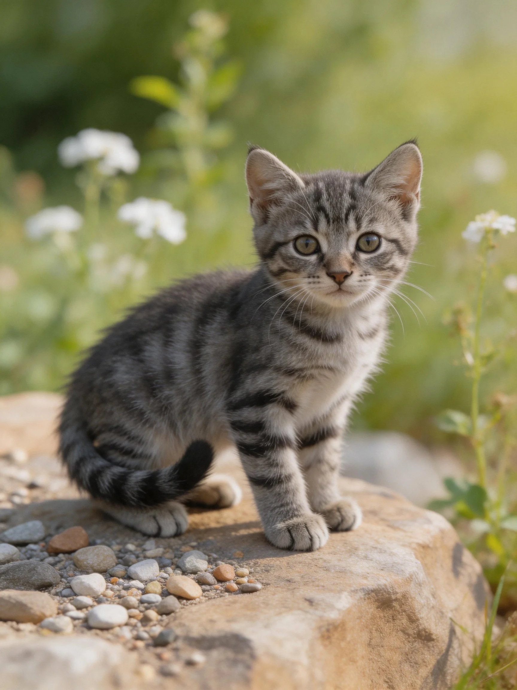 A gray tabby kitten sits on a rock near white flowers.