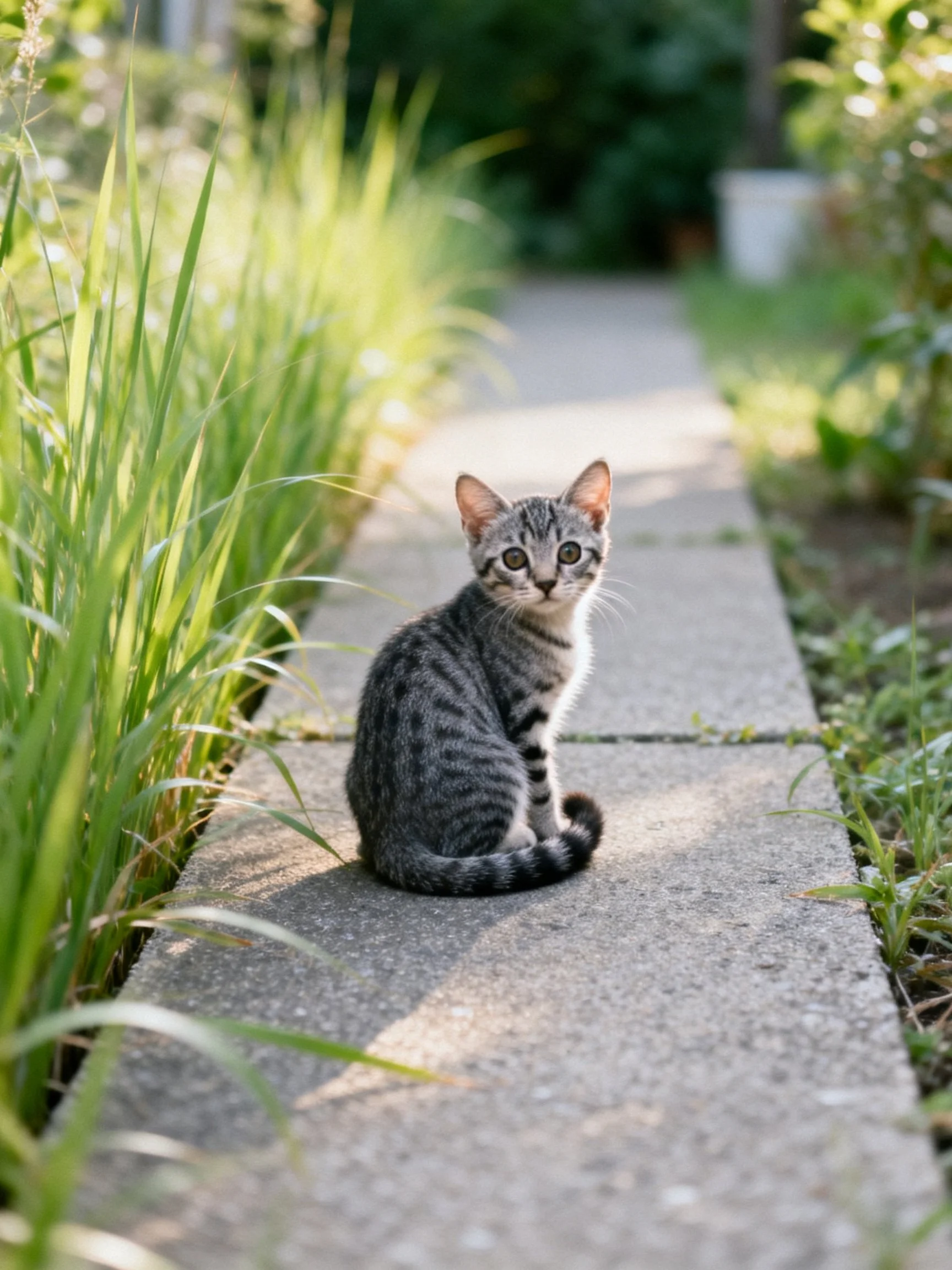 A gray tabby kitten rests on a sunlit concrete path surrounded by lush vegetation.