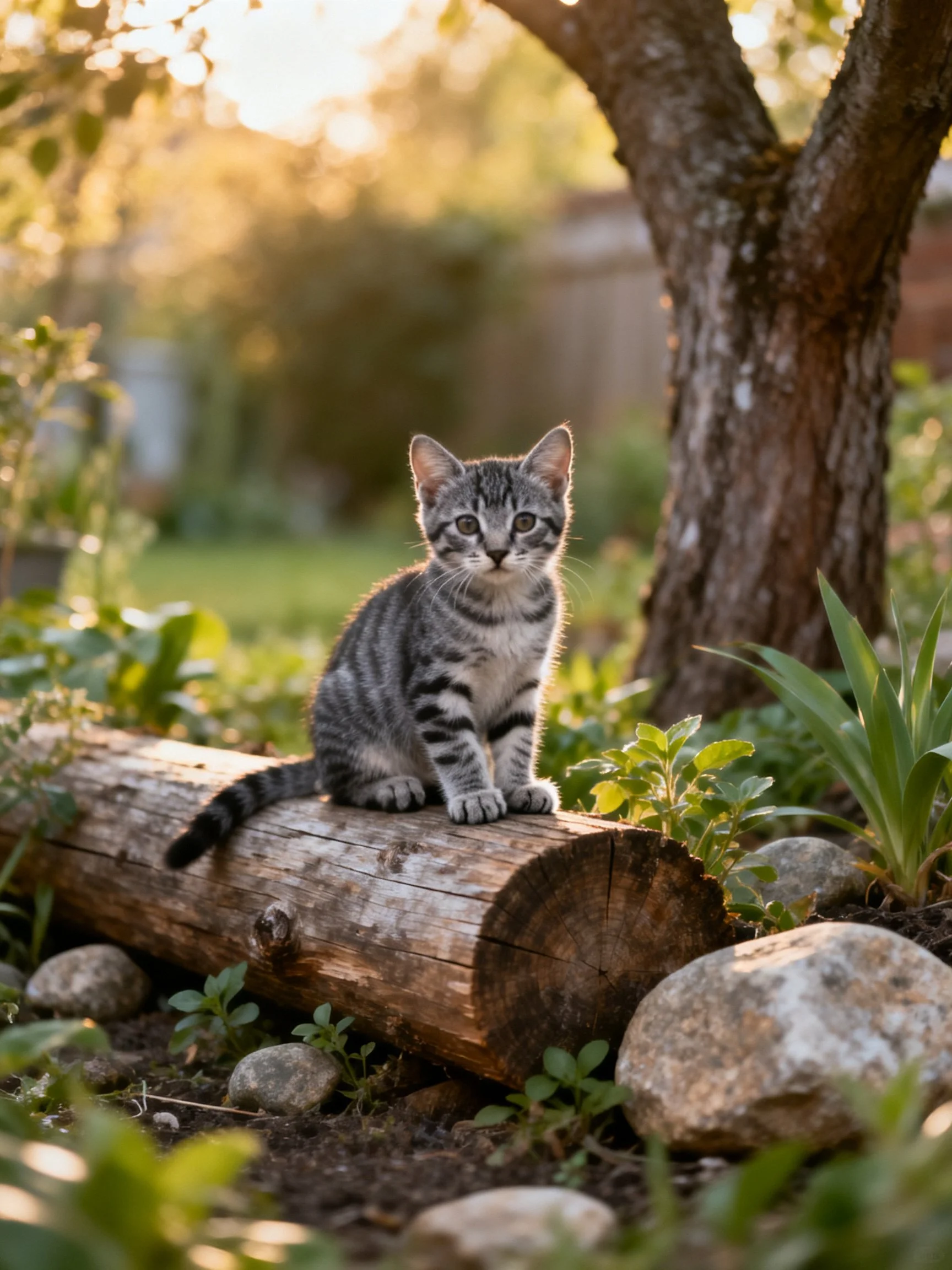 A gray tabby kitten sits on a weathered log in a sunlit garden