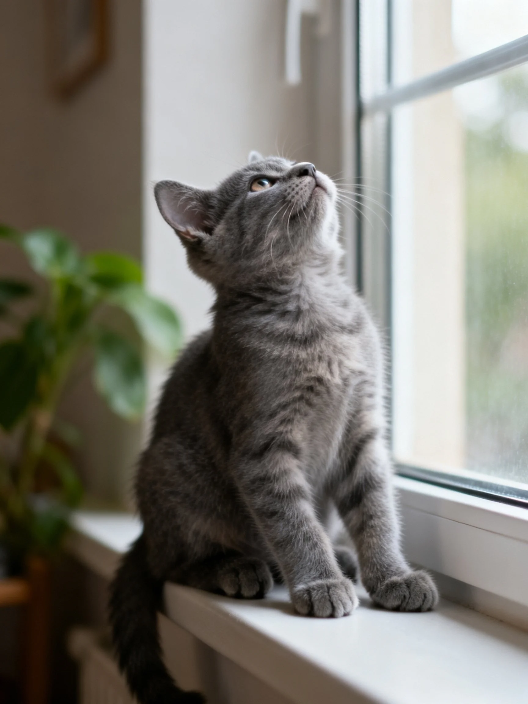 A gray tabby kitten gazes upward near a bright window