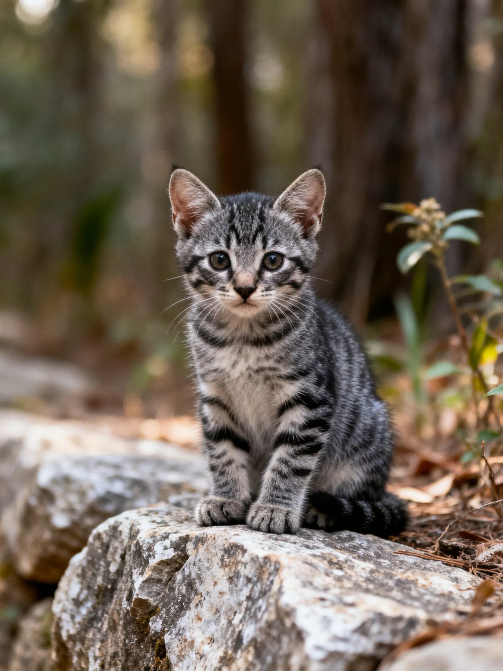 A gray tabby kitten sits on weathered rocks in a forest