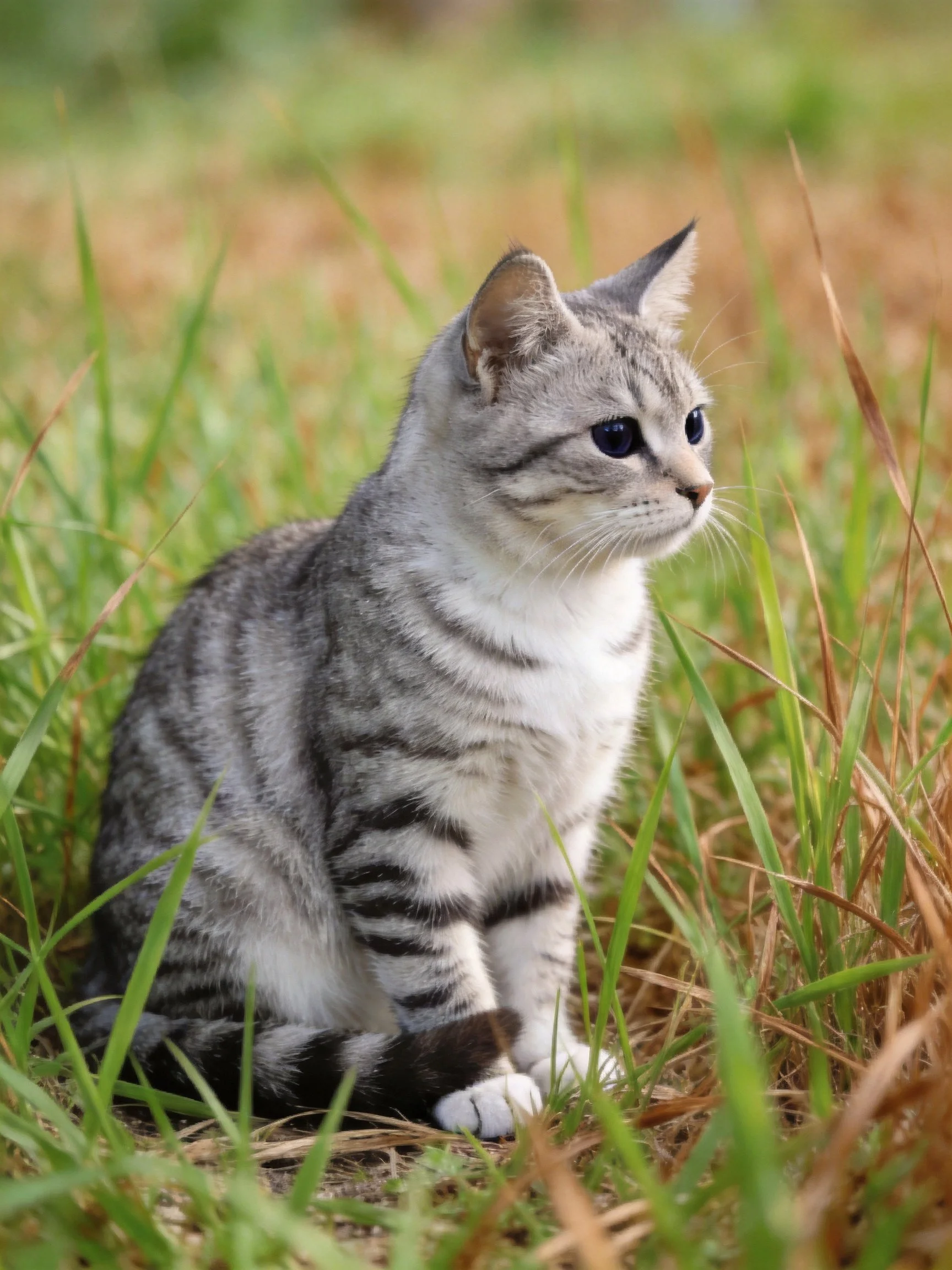 A gray tabby kitten sitting among green and brown grass