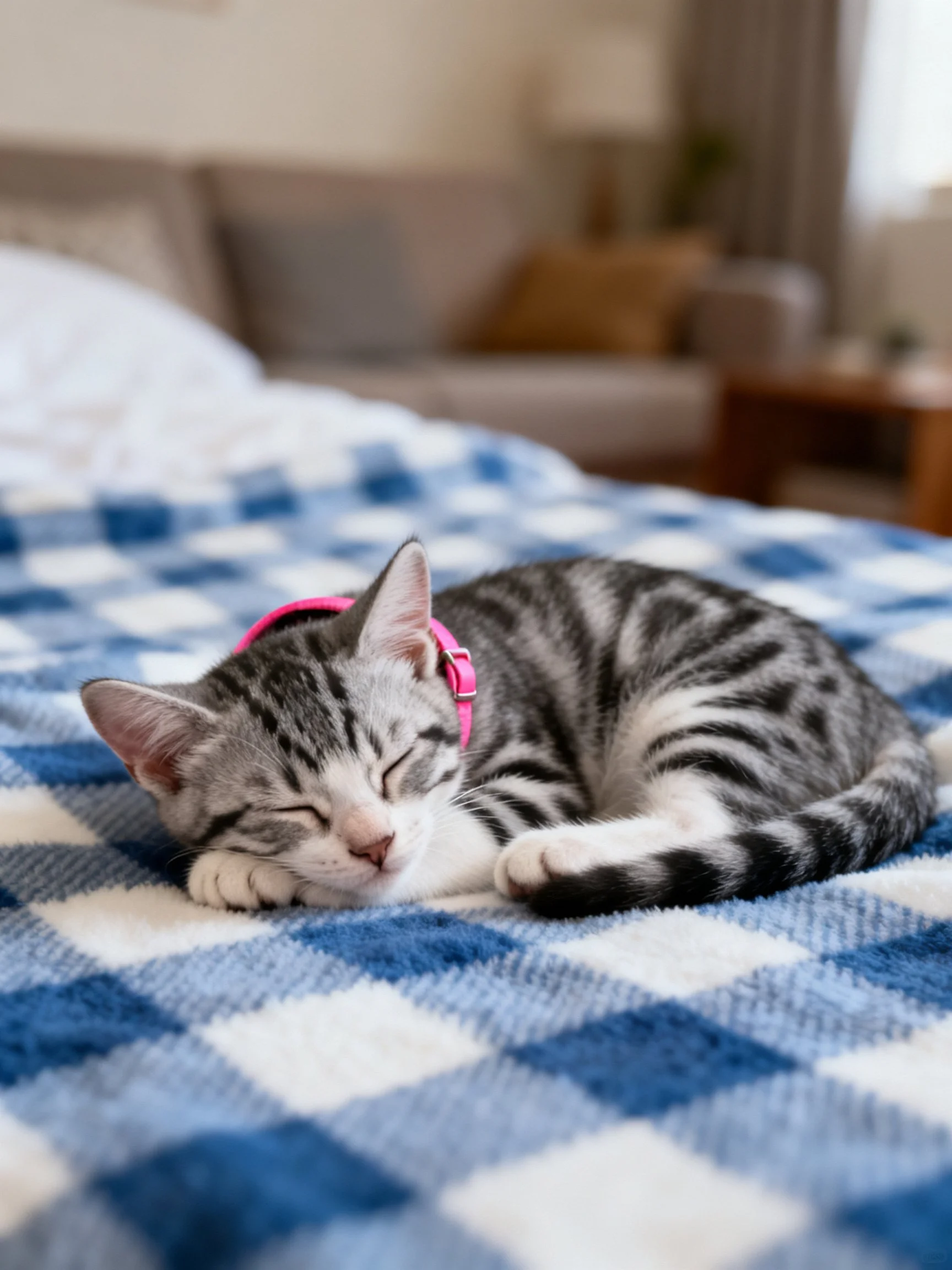 A gray tabby kitten sleeps on a blue-and-white checkered blanket with a pink collar