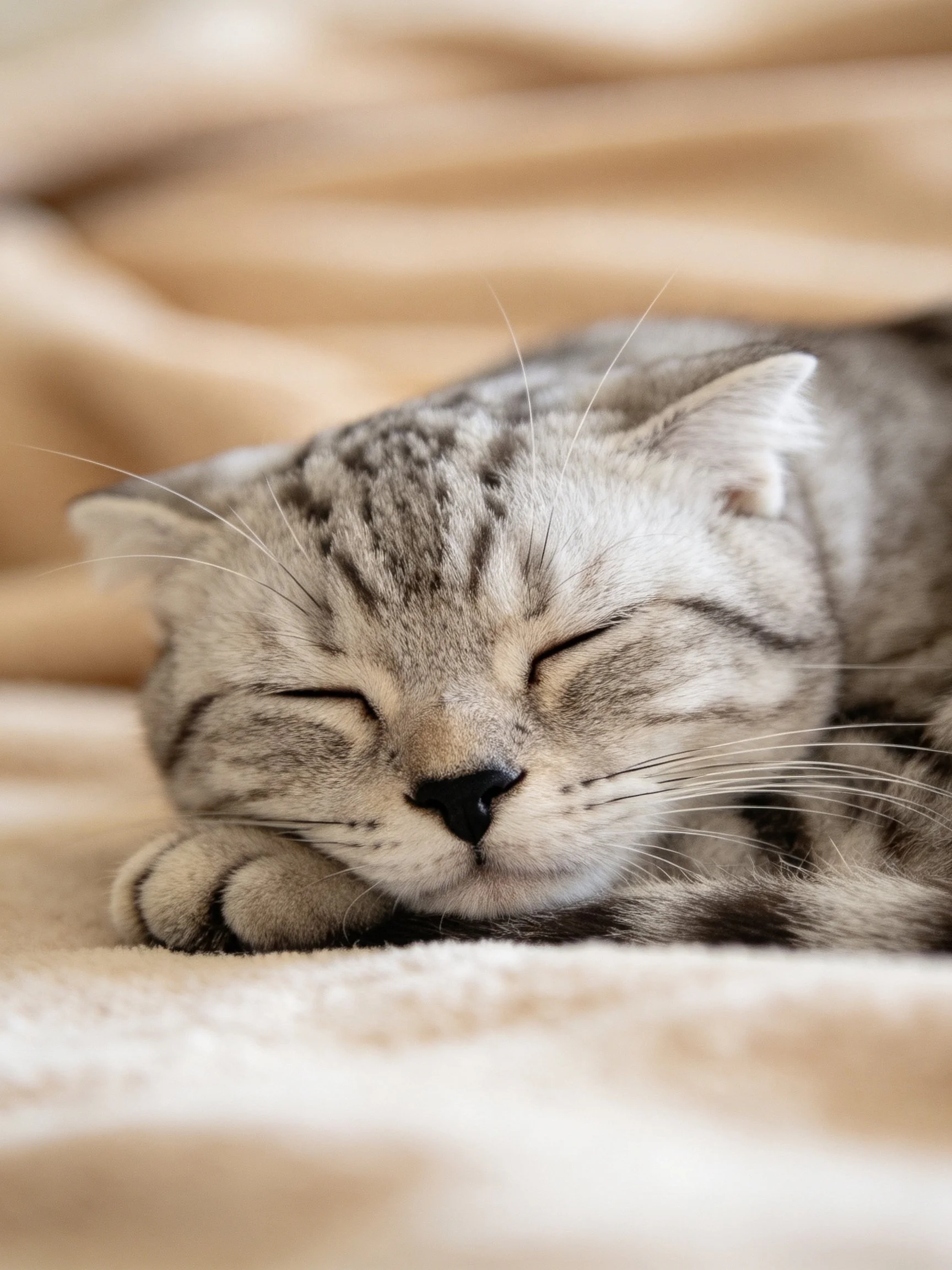 A gray tabby kitten sleeps on a soft beige blanket