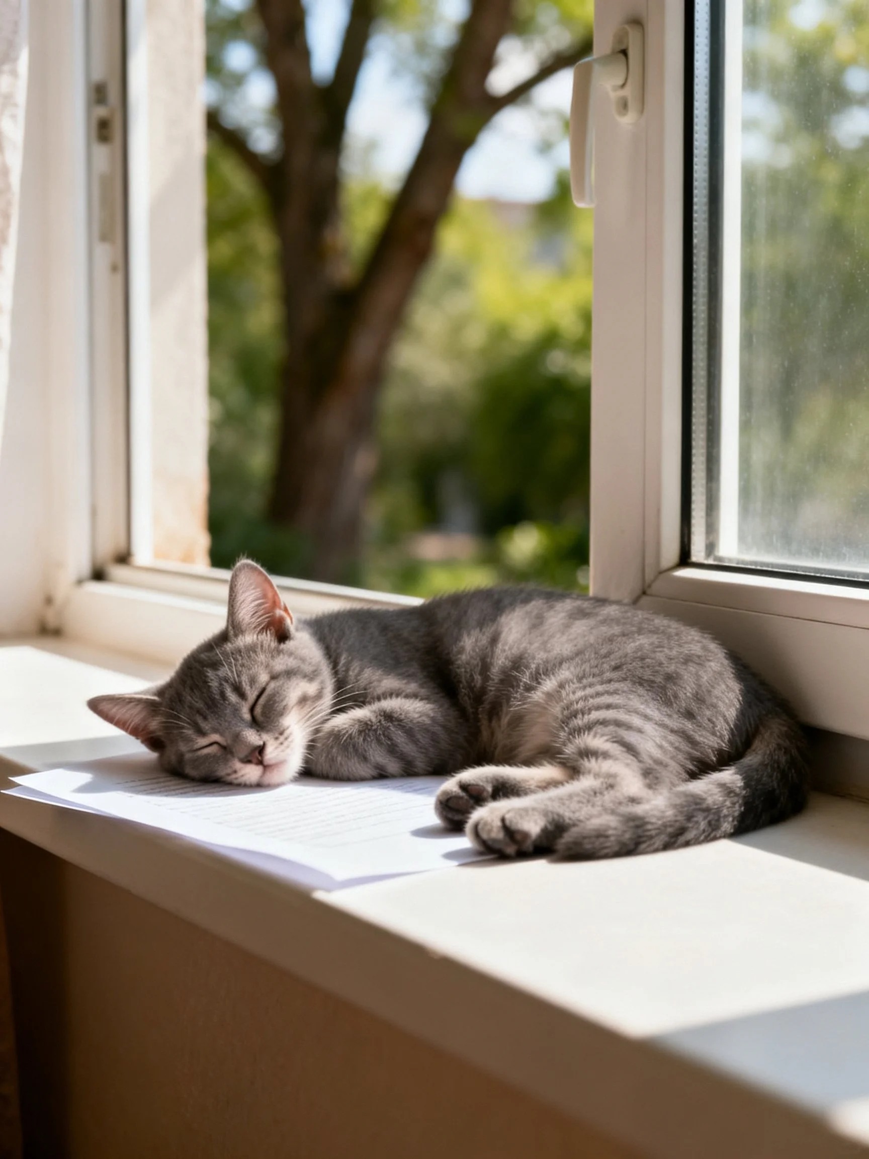 A gray tabby kitten rests peacefully on a sunlit windowsill beside an open window