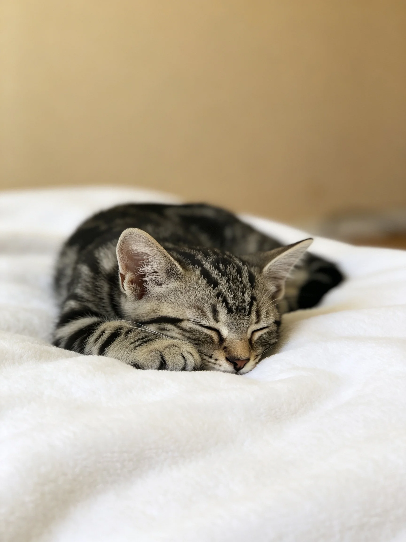 A gray tabby kitten sleeps on a white bed