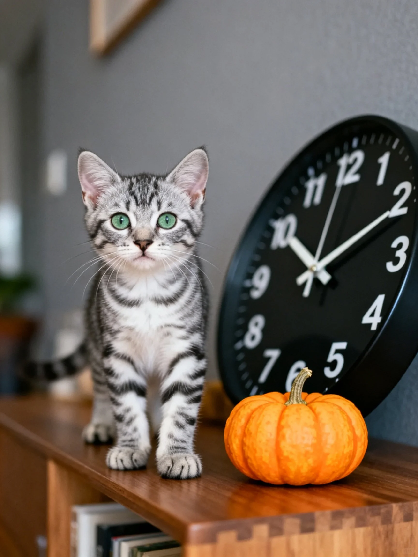 A gray tabby kitten is near a black wall clock and an orange pumpkin on a wooden shelf