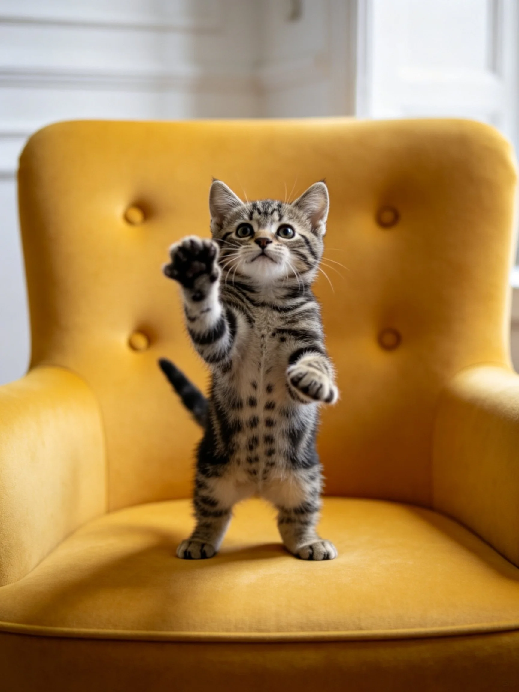 A gray tabby kitten reaches upward from a mustard-yellow armchair