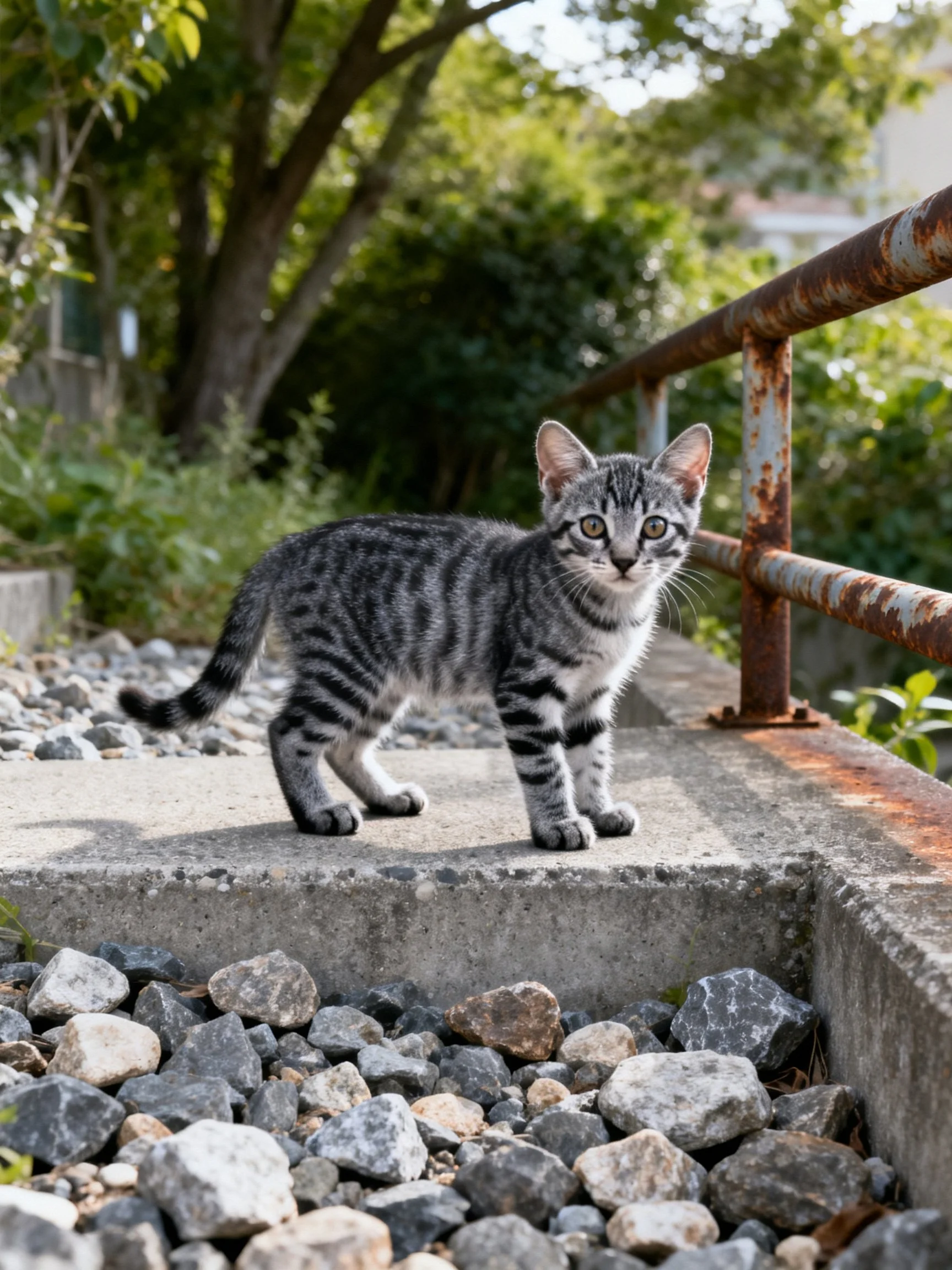 A gray tabby kitten stands on a weathered concrete ledge near rusted railings