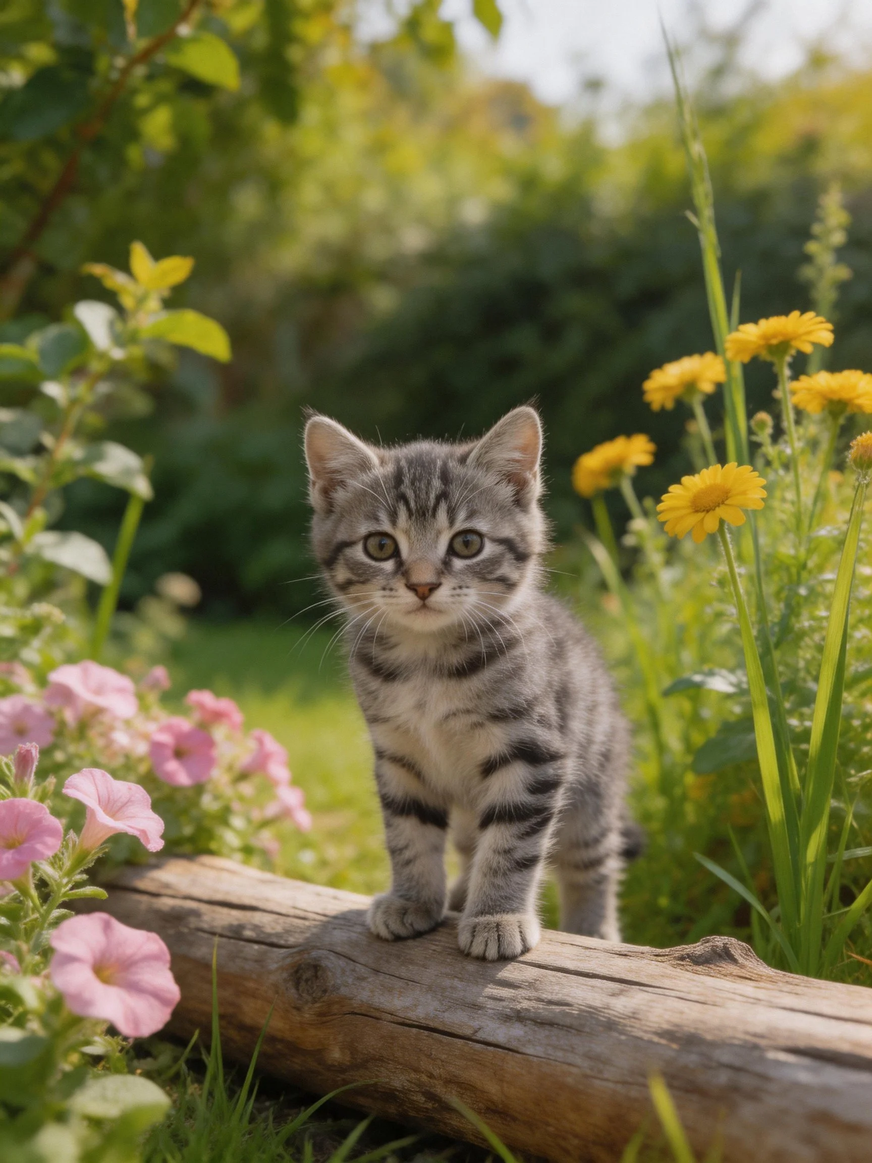 A gray tabby kitten stands on a wooden log among pink and yellow flowers
