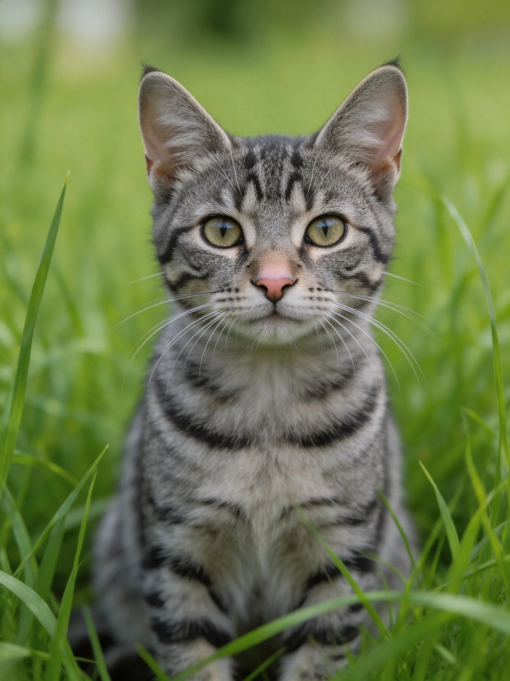 A gray tabby kitten sits calmly among tall green grass.