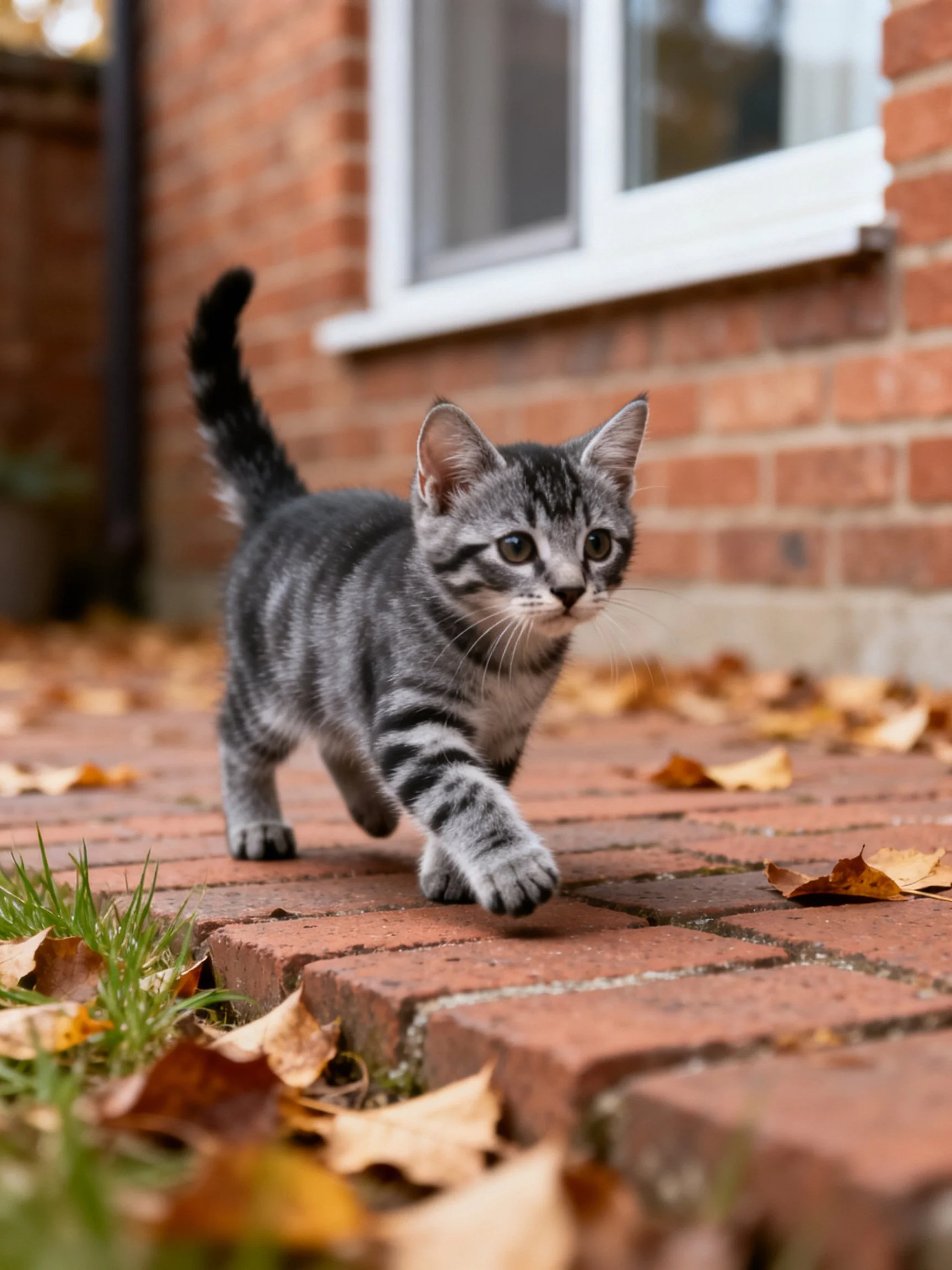 A gray tabby kitten walking on a brick path with autumn leaves