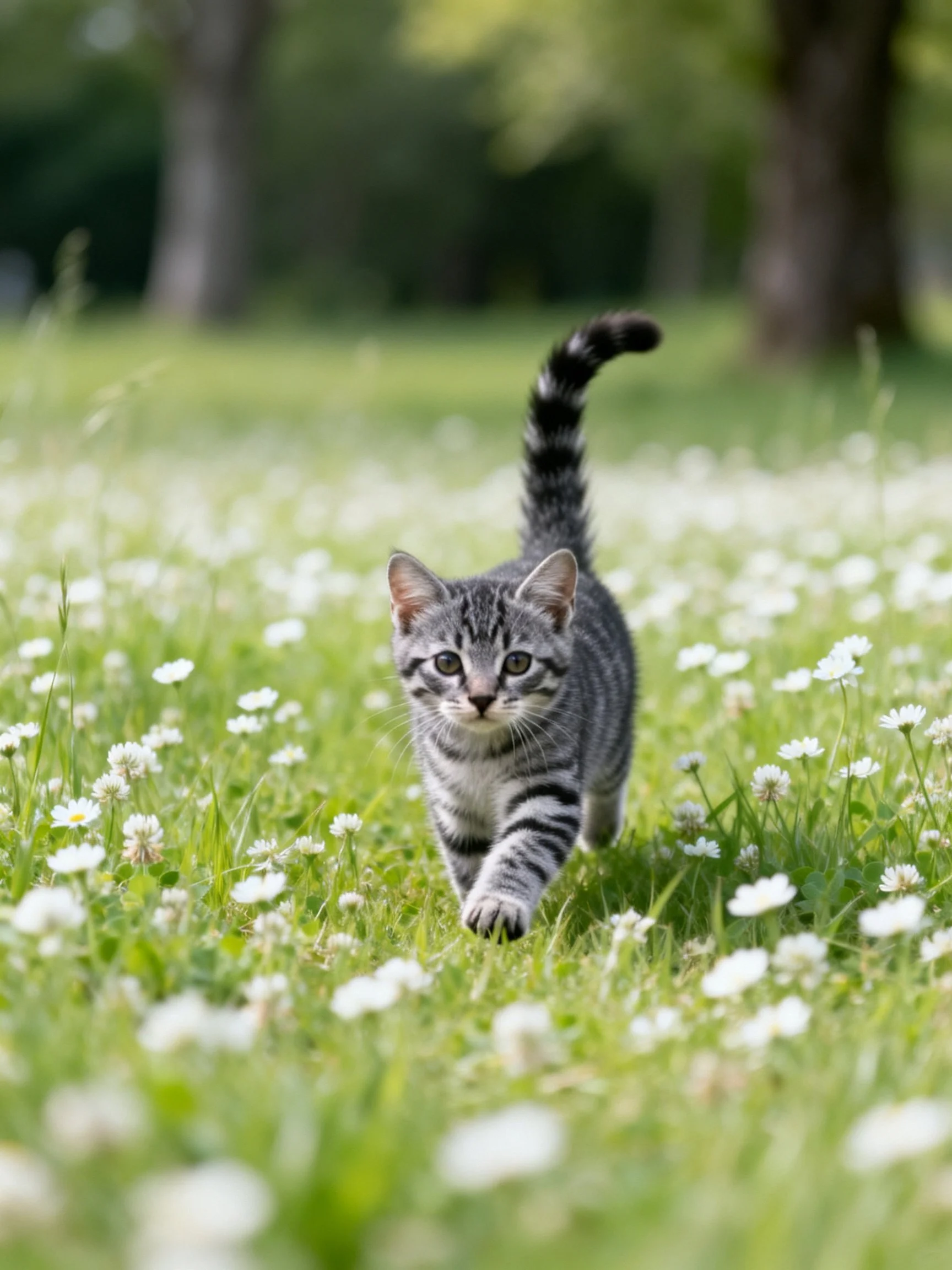 A gray tabby kitten walking through a field of white flowers