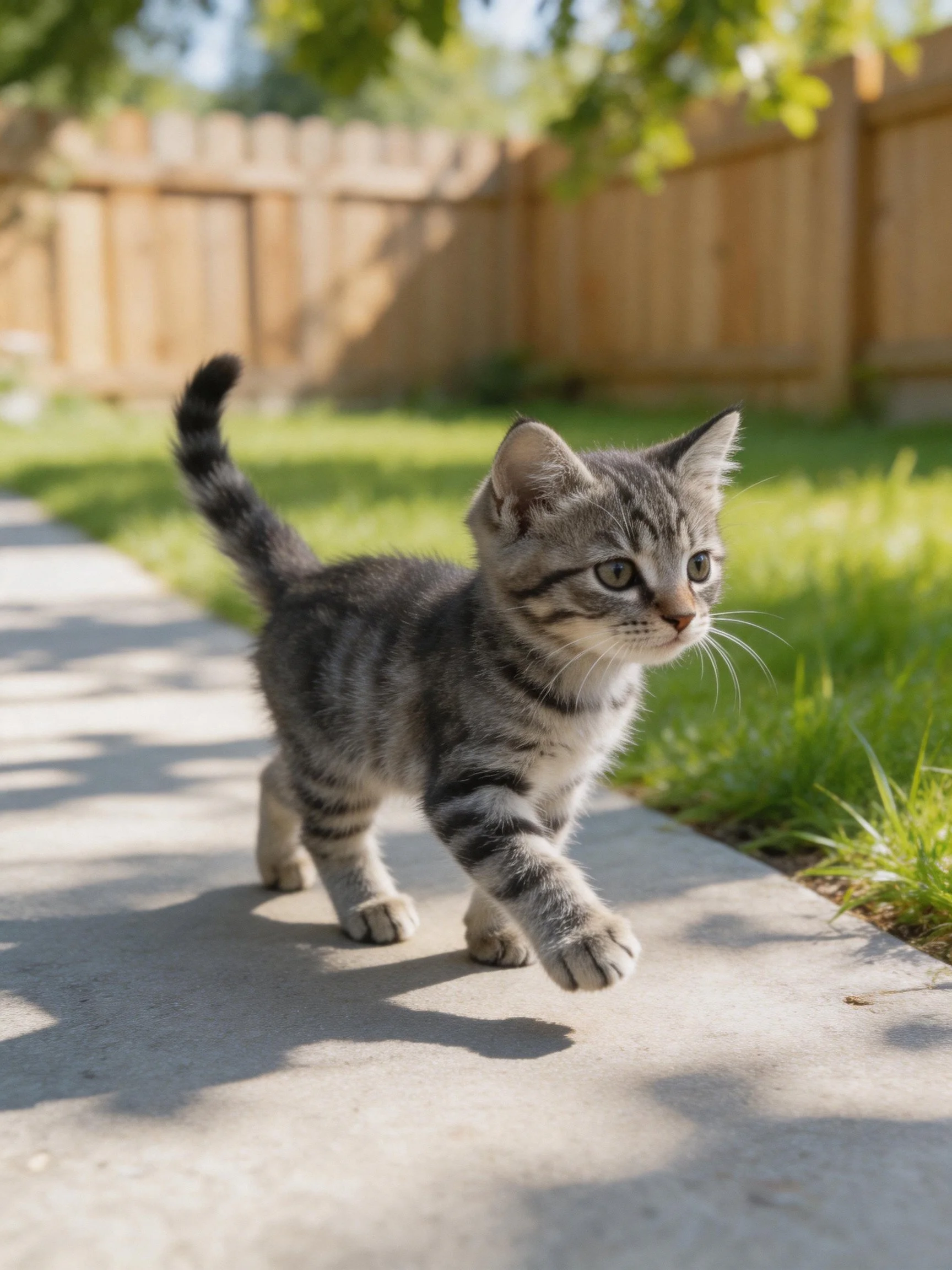 A gray tabby kitten explores a sunlit concrete path in a backyard