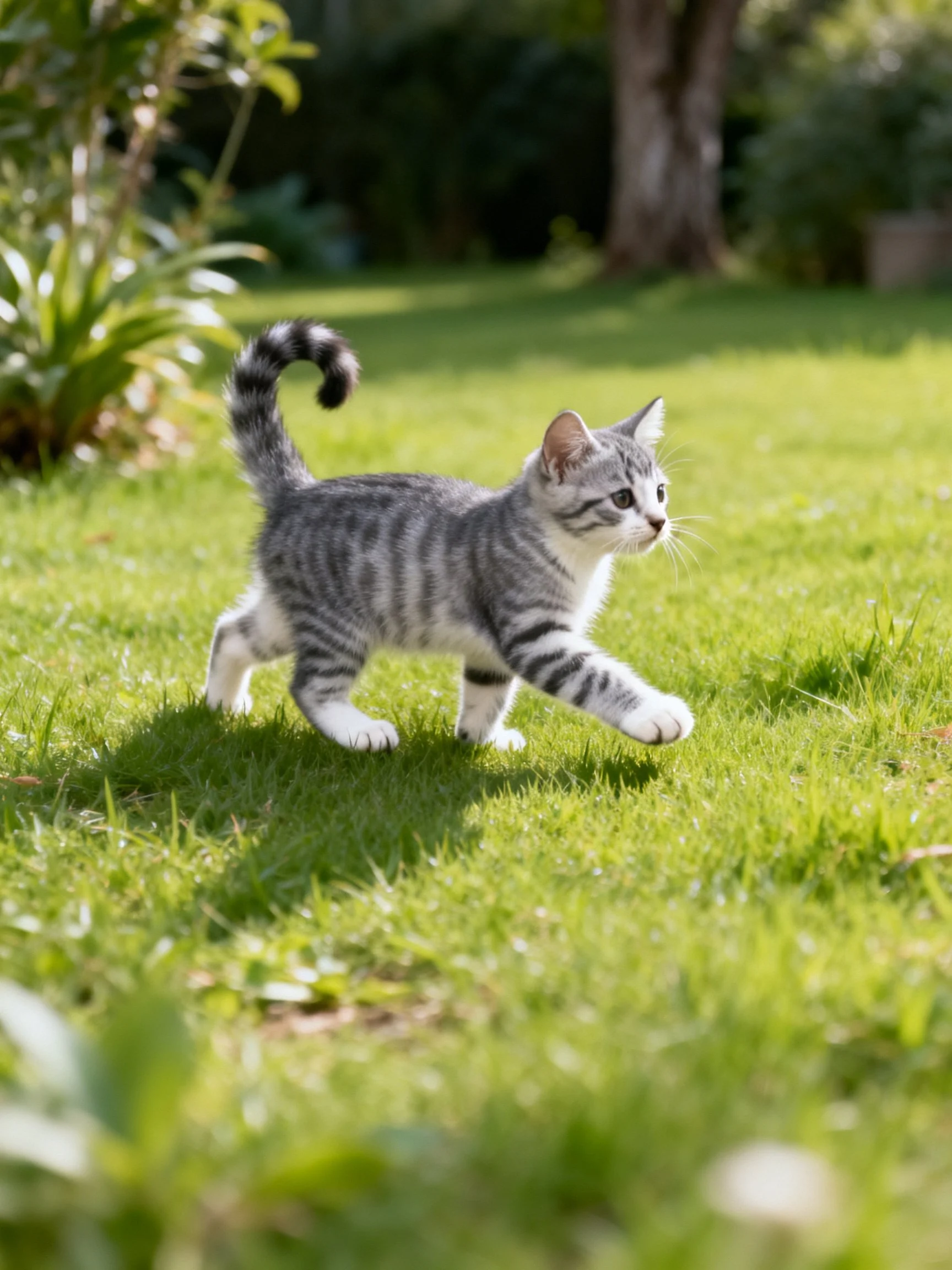 A gray tabby kitten explores a sunlit garden lawn.