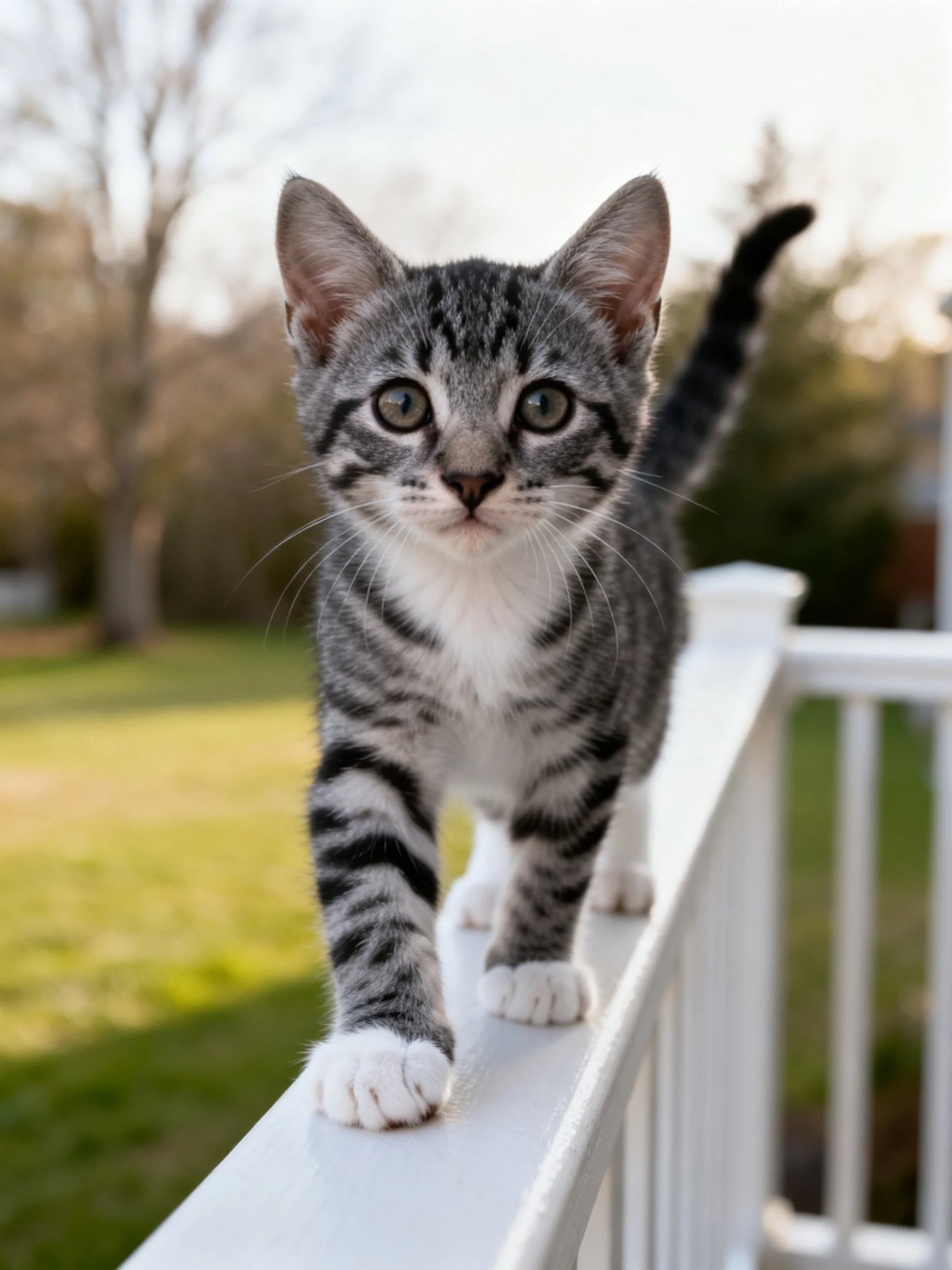 A gray tabby kitten explores a white railing in a sunny outdoor space.