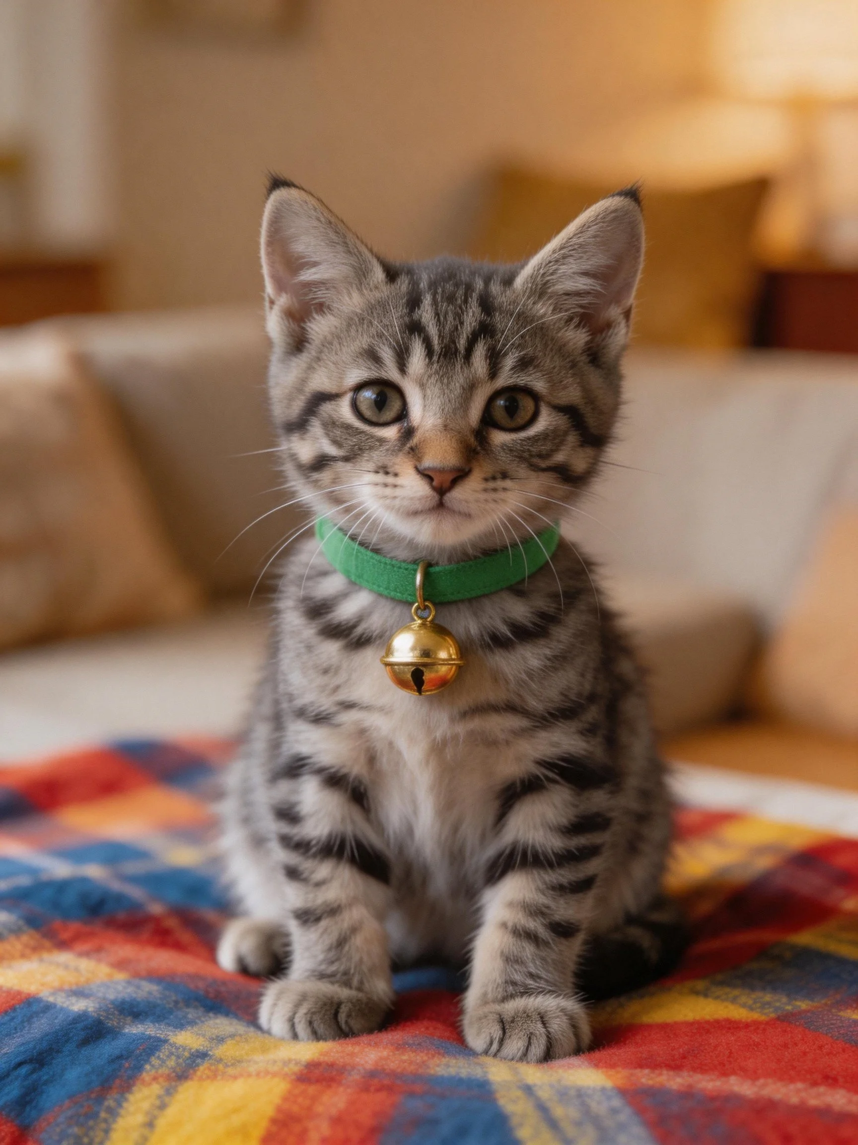 A gray tabby kitten wearing a green collar rests on a colorful plaid blanket indoors