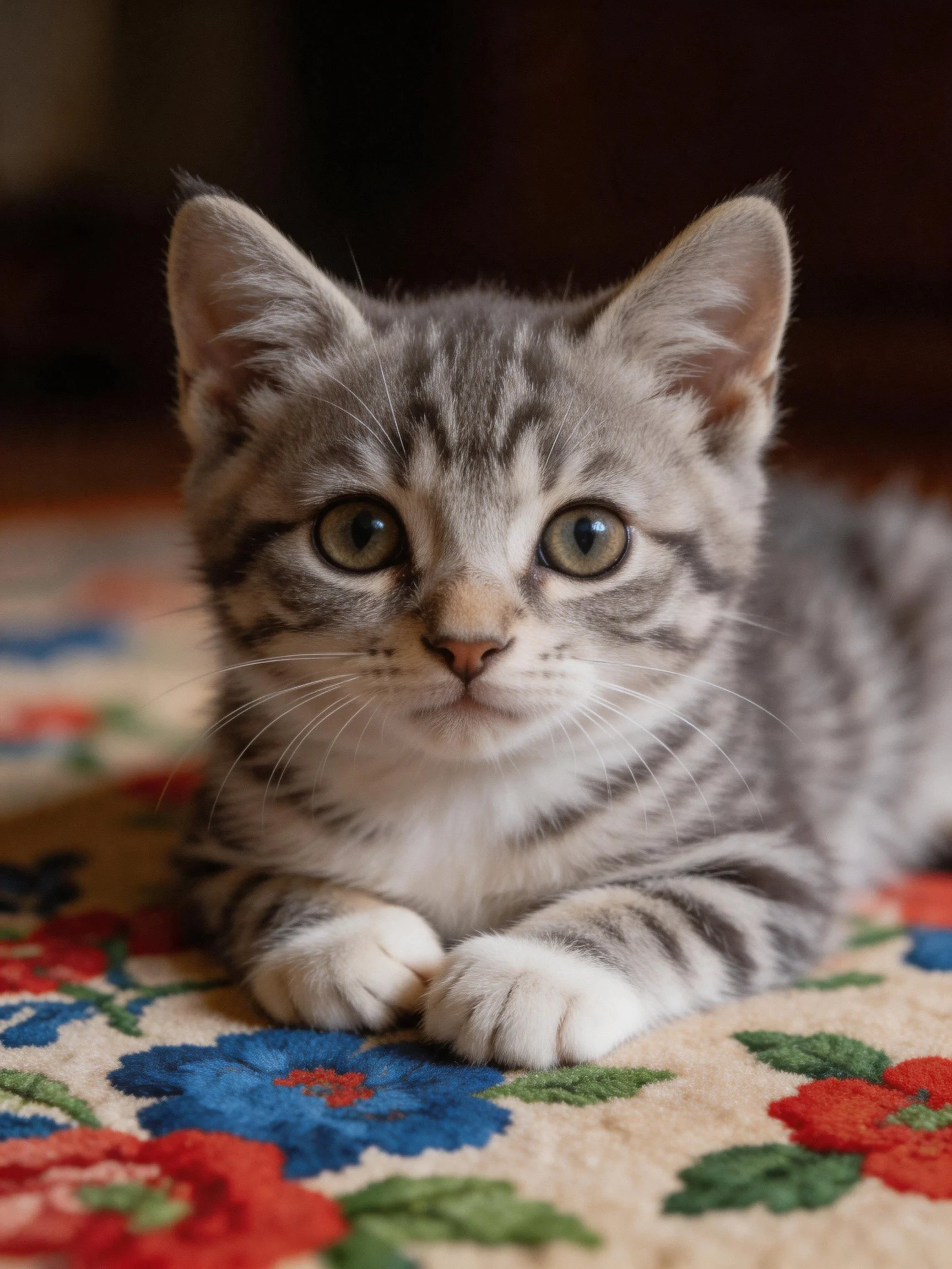 A gray tabby kitten with big green eyes rests on a vibrant floral rug indoors.